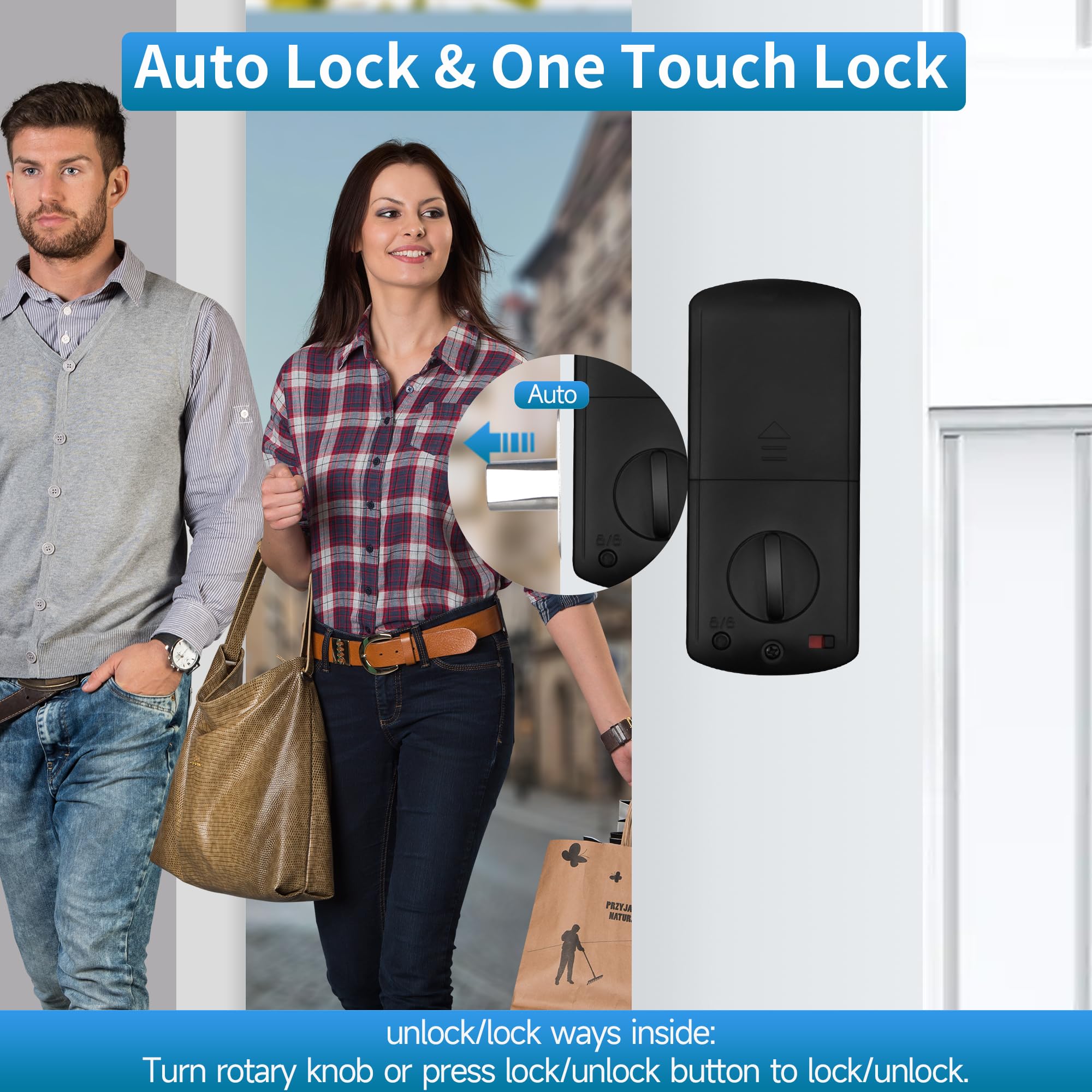 Yosimika Keyless Entry Door Lock With Handle, Fingerprint Deadbolt Door Lock, Smart Door Locks For Front Door, Bluetooth Electronic Digital Keypad Lock, Easy To Install, Black