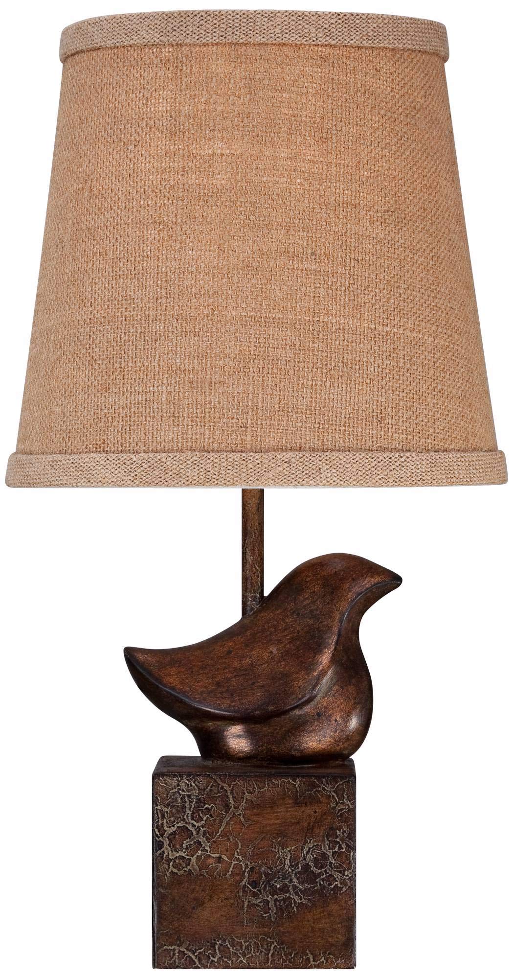 360 Lighting Bird Modern Rustic Farmhouse Accent Table Lamp 15 1/2" High Sculptural Crackle Bronze Brown Natural Burlap Hardback Drum Shade For Bedroom House Bedside Nightstand Home Office