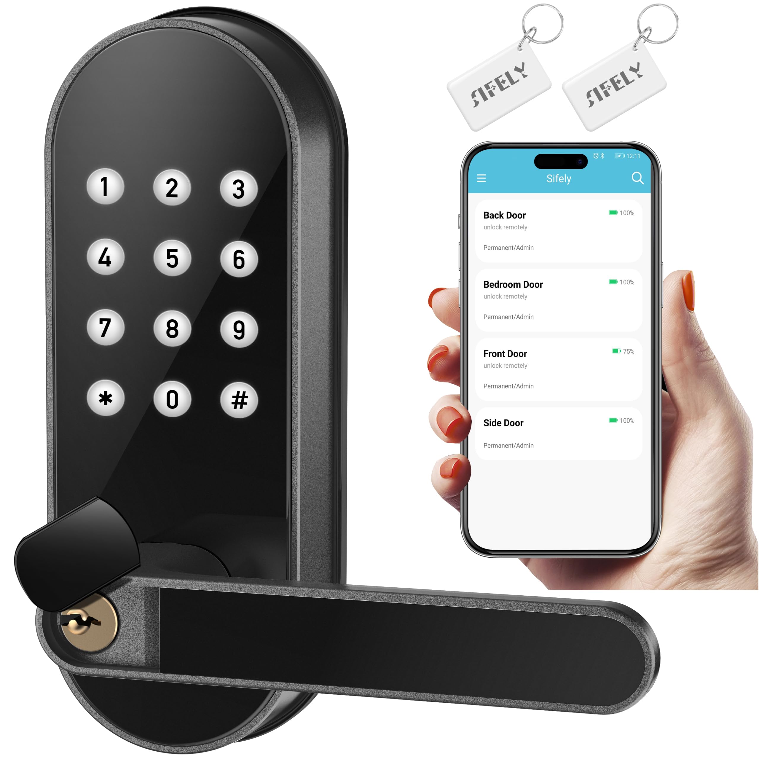 Sifely Keyless-Entry Keypad Electronic Door Lock: Digital Smart Lock With Code Passcode, Electric Door Knob/Handle, Perfect For Entry Doors, Bedroom Doors (Black, App Control, Non-Fingerprint)