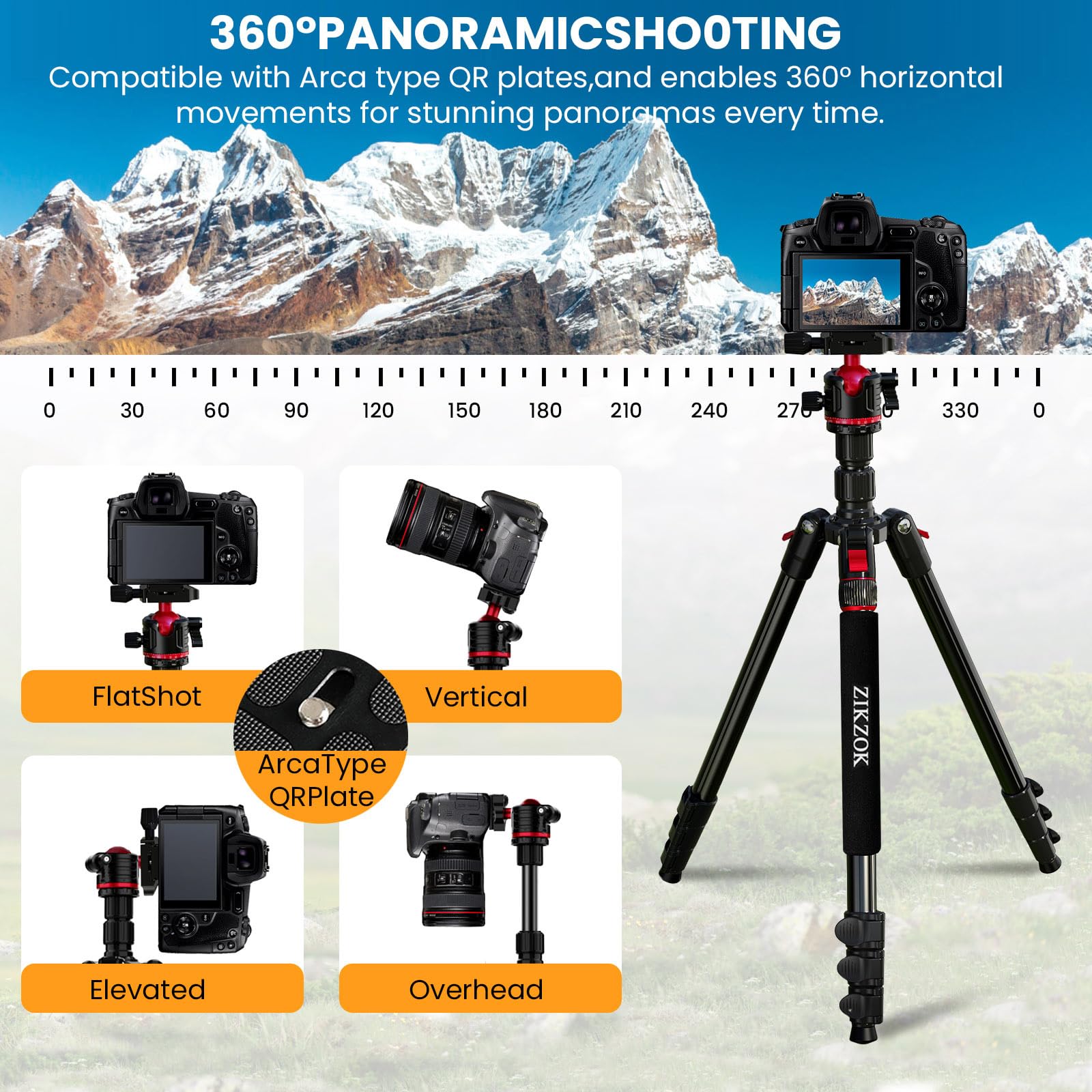 Zikzok 70" Tripod For Camera, Professional Aluminum Camera Tripod & Monopod With 360° Ball Head, Adjustable Lightweight Travel Tripod For Phone,Dslr,Tablet With Carry Bag