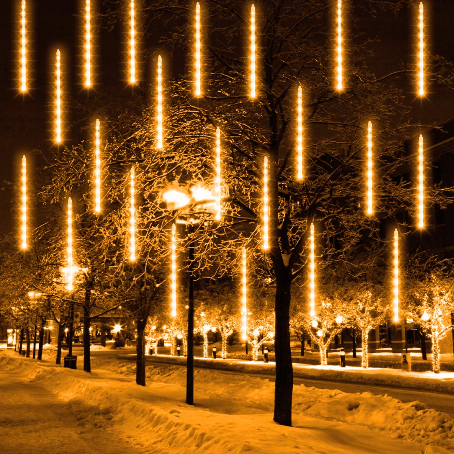 Funpeny Meteor Shower Rain Lights, 288 Led Icicle Snow Falling Christmas Lights, Outdoor Raindrop, Xmas Tree Holiday Decoration, Warm White