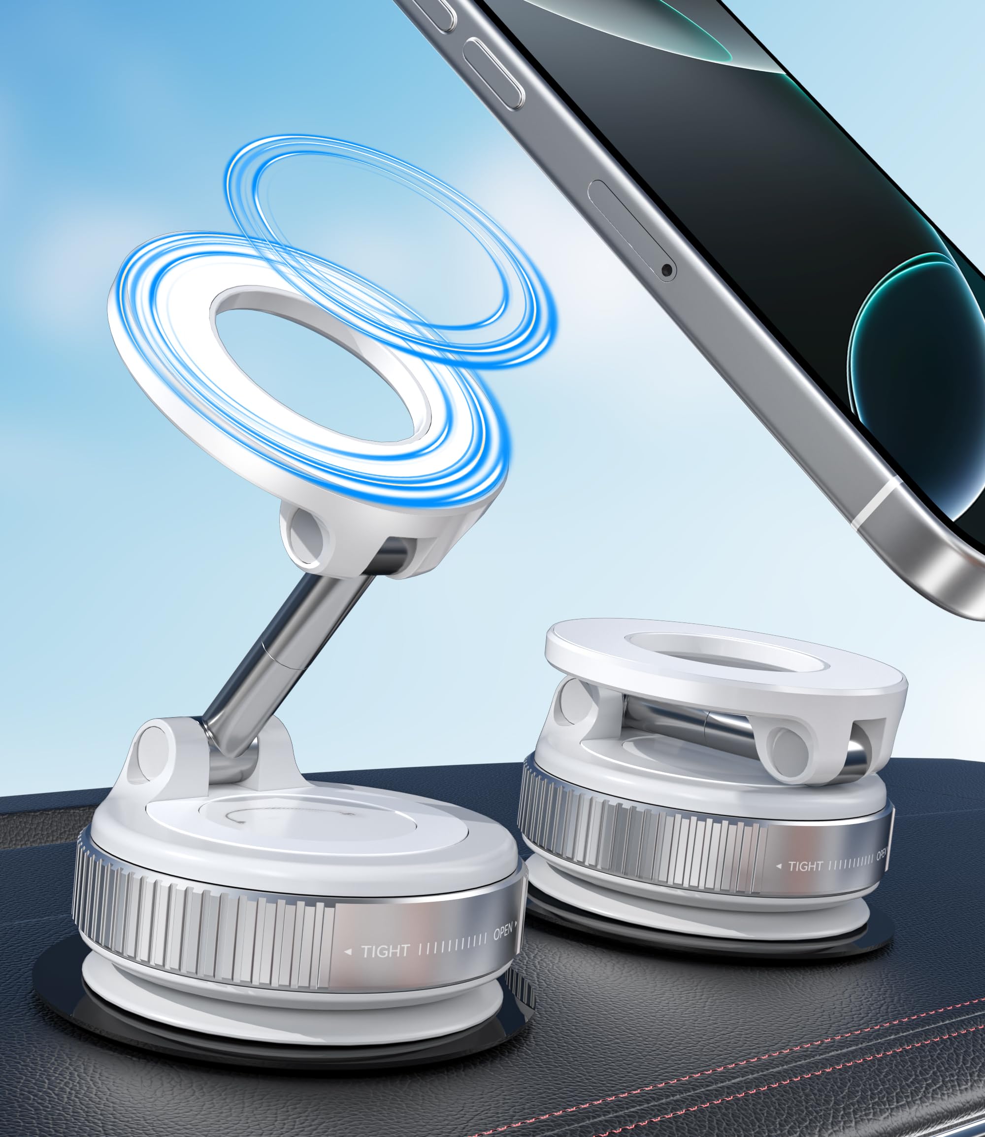 Alafly Vacuum Suction Cup Car Phone Holder, Compatible With Magsafe, 360° Adjustable & Foldable Magnetic Phone Mount For Car/Glass/Any Smooth Surface, Hands- - White