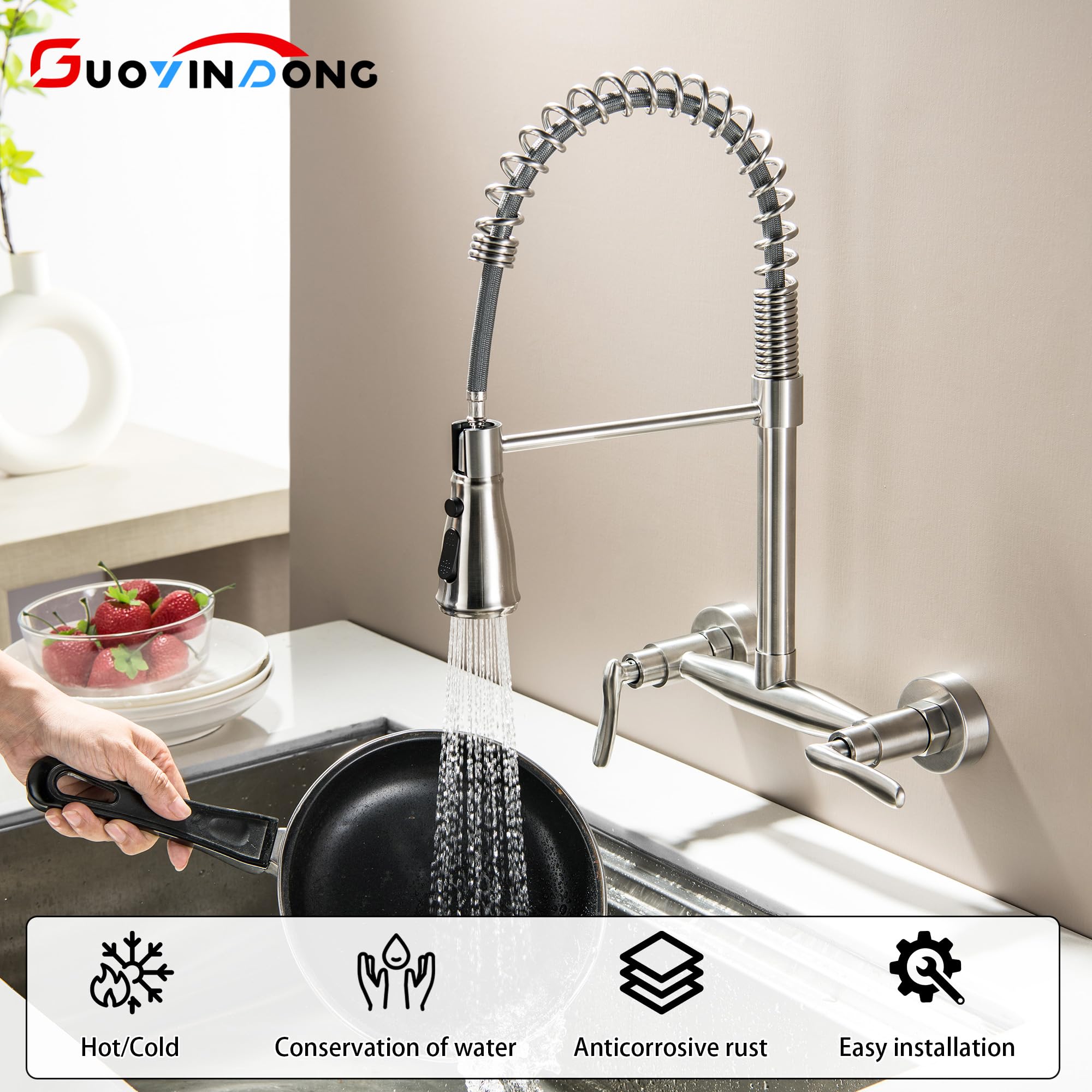 Guoyindong Wall Mount Kitchen Faucets, Wall Mounted Kitchen Faucet 8 Inch Center Brushed Nickel Wall Kitchen Sink Faucets With Sprayer