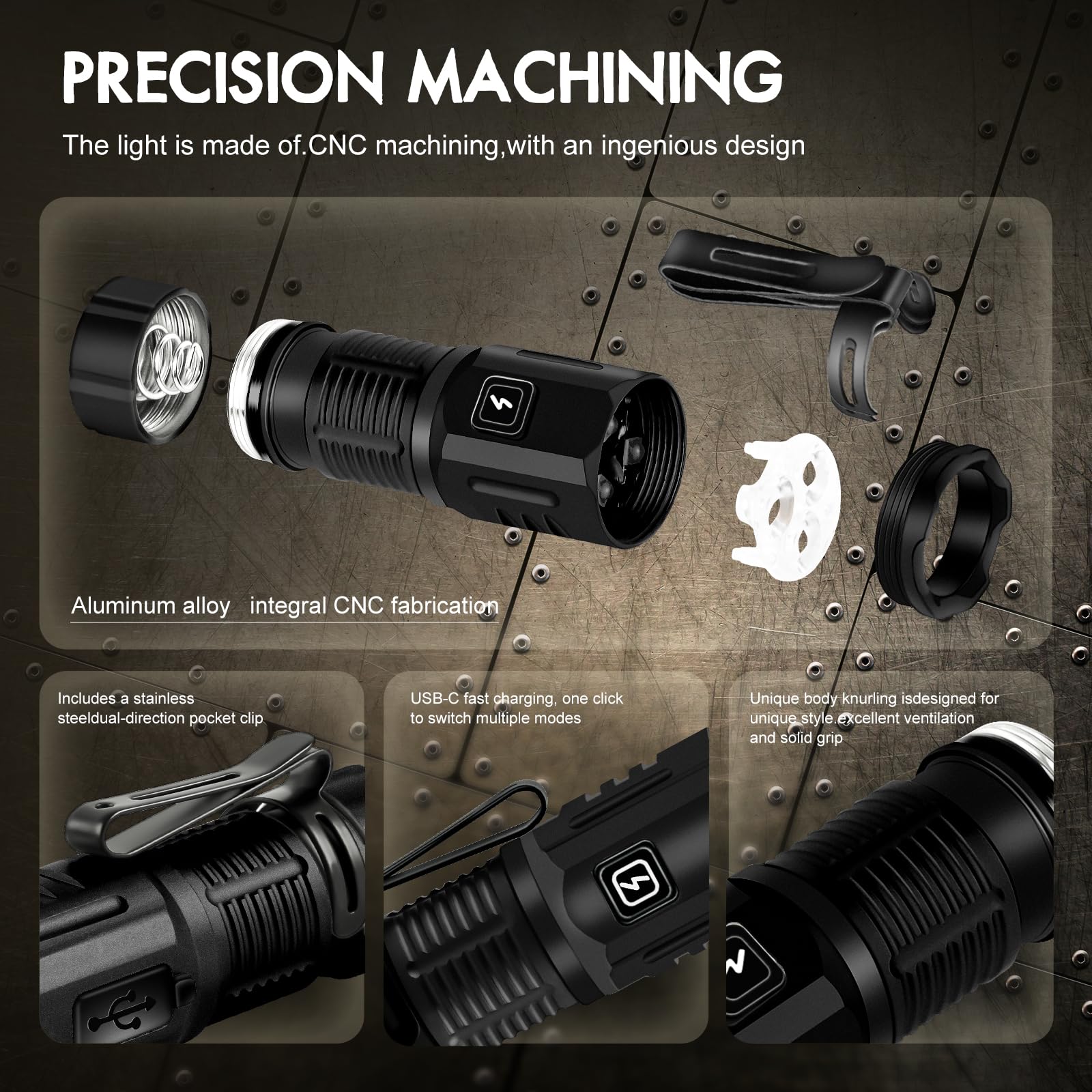 Ruisiya Rechargeable Edc Flashlight 1200 Lumens 3 Light Sources Compact Pocket Clip Light, Led Super Bright Small Flashlight,7 Modes Portable Magnetic Mini Flashlight For Outdoor Camping Emergencies (Black)