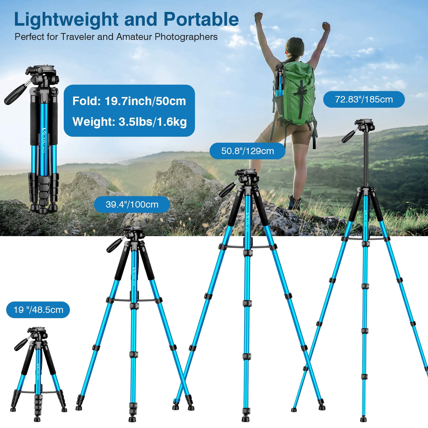Victiv 72 Inch Camera Tripod, Tall Tripod For Camera Cell Phone, Heavy Duty Camera Tripod Stand, Professional Aluminum Monopod, Compatible With Canon Nikon Sony Dslr Cameras - Blue