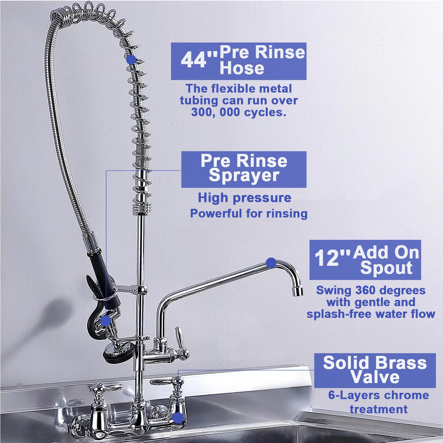 Agahpay Commercial Faucet With Sprayer Wall Mount Kitchen Faucet 8 Inch Center Commercial Sink Faucet 42" Height With Longer Strong Hose 12 Inch Stainless Steel Spout For 3 Compartment Sink Restaurant Hotel