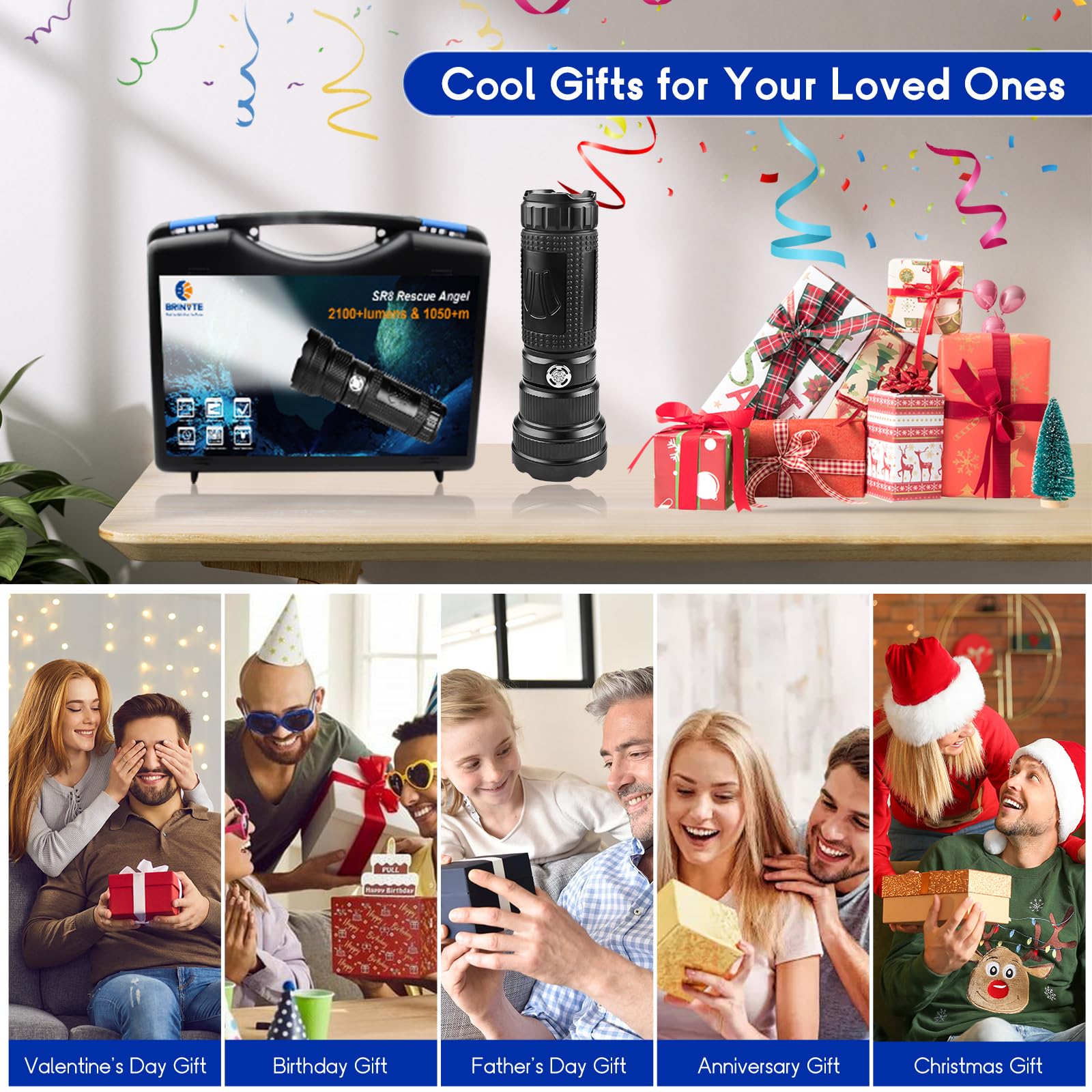 Brinyte Sr8 2100 High Lumens Rechargeable Super Bright Led Searchlight,1050 Yards Beam Distance, Ipx8 Waterproof High Power Flashlight, For Emergencies Camping And Hunting.