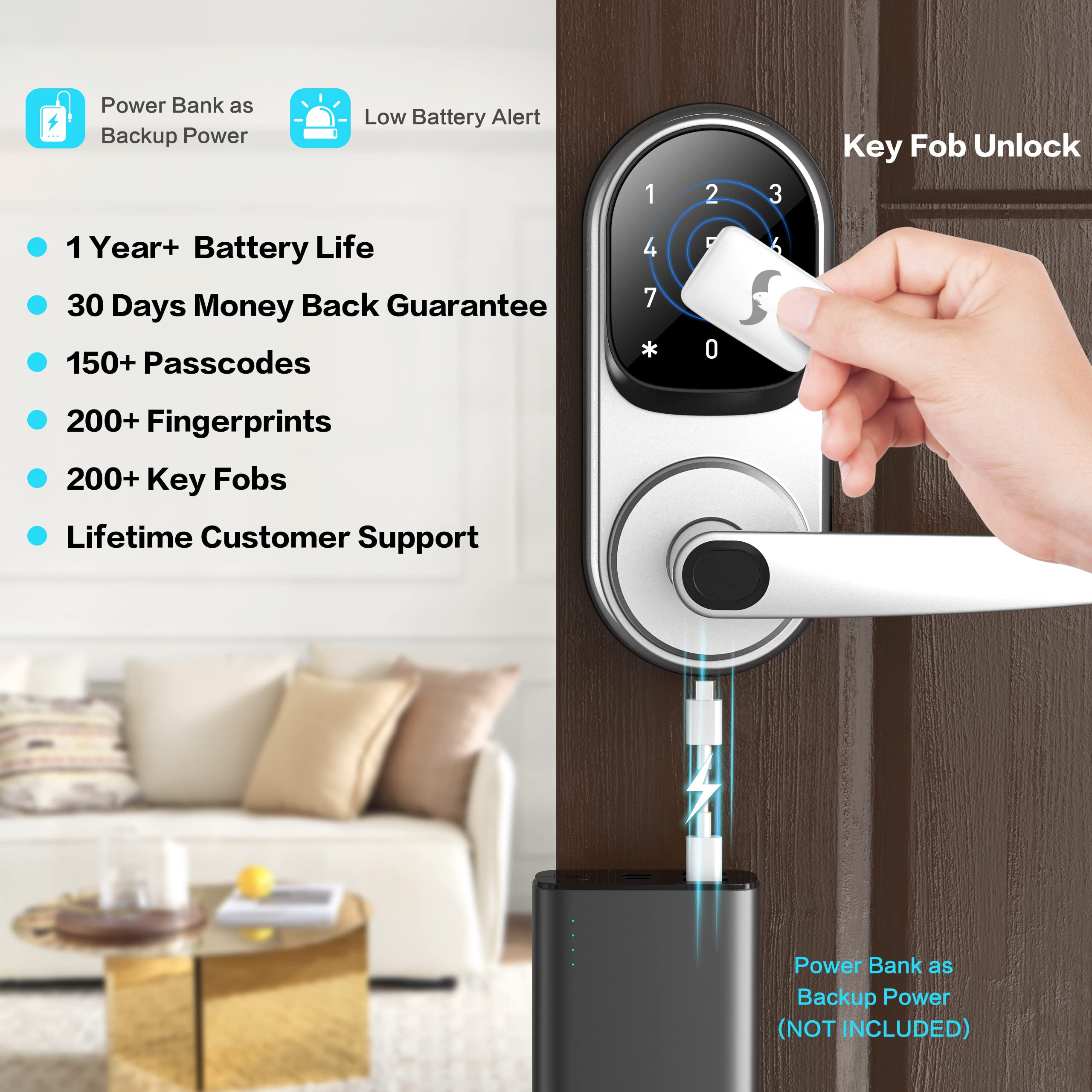 Sifely Keyless Entry Smart Lock - Fingerprint & Keypad Access, Front Door Handle, Silver