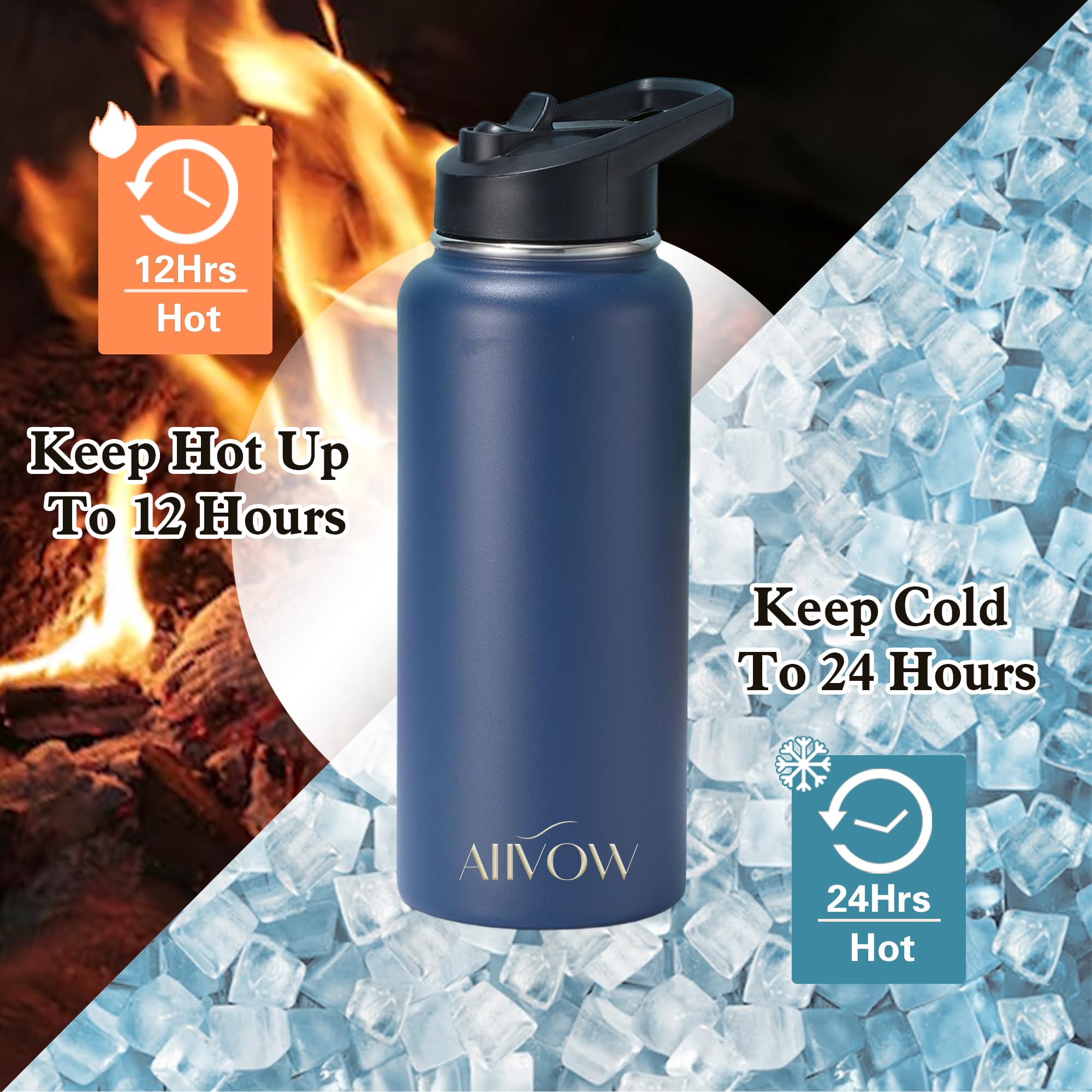 Insulated Water Bottle 32 Oz With Straw, Metal Vacuum Stainless Steel Water Flask, Leak Proof