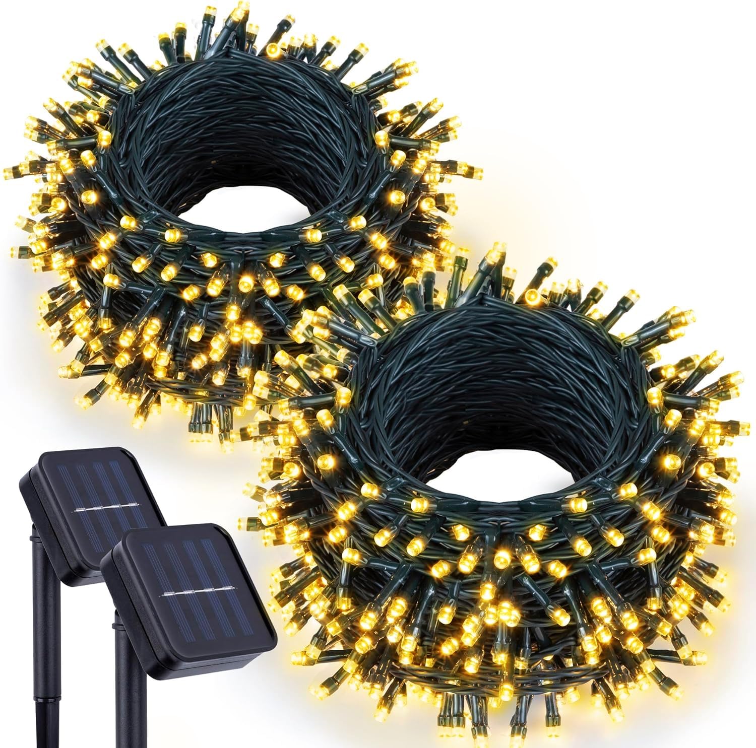 Kemooie 2 Packs Outdoor Solar Christmas Lights, 240 Led 78.7 Ft Waterproof Warm White Solar String Lights 8 Twinkle Modes For Xmas, Patio, Tree, Garden, Wedding, Party (Warm White)