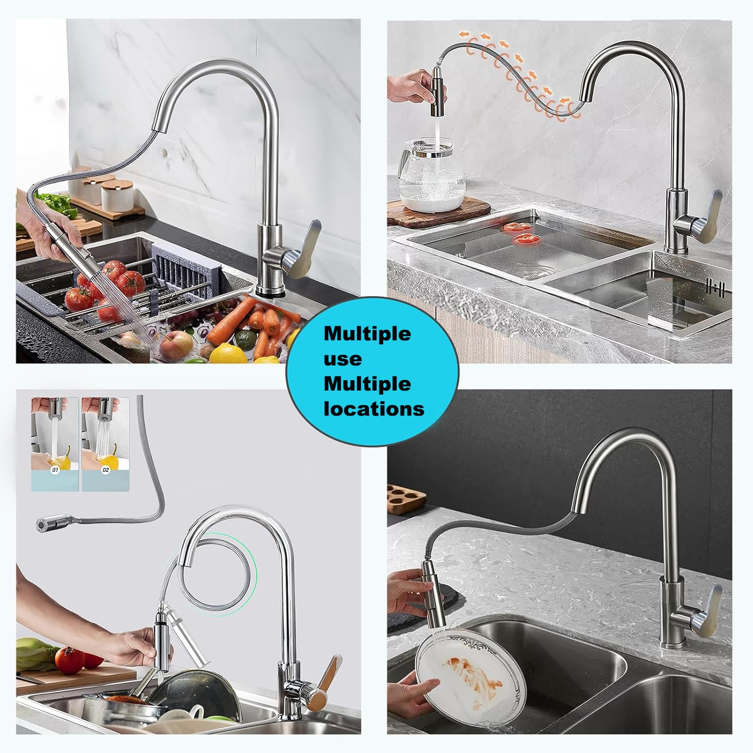 Xwihtr Retractable Pull Out Kitchen Faucet, 360° Swivel,3 Functions,High Pressure,Silent,Water Saving Ceramic Core Stainless Steel Kitchen Sink Faucet(Brushed)