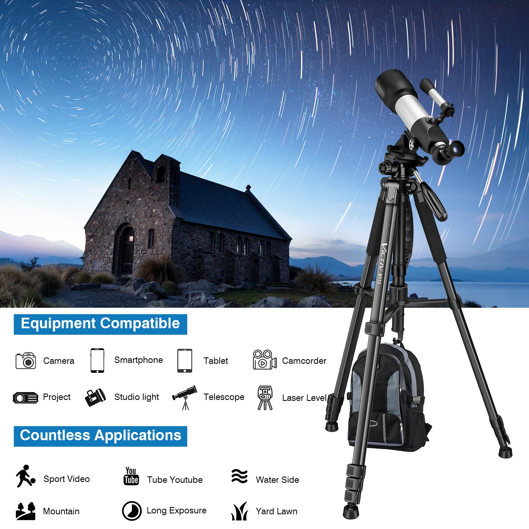 Victiv Tripod For Camera, 72" Tall Camera Tripod Monopod With Remote, Professional Heavy Duty Compact Camera Stand For Phone,Dslr, Spotting Scope, Telescope, Binocular