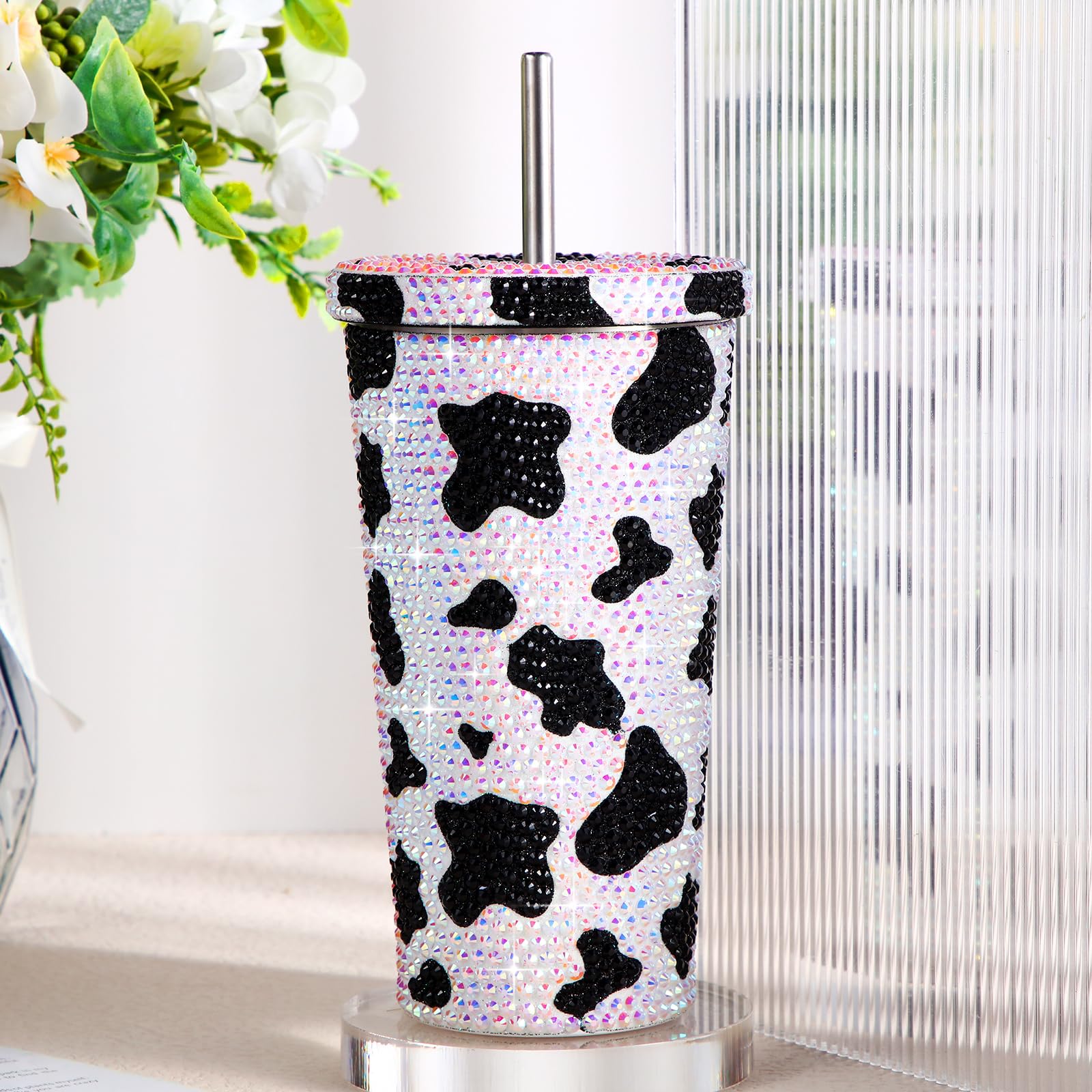 Yaomiao Thank You 17 Oz Bling Rhinestone Cow Print Tumbler Glitter Cow Water Bottle