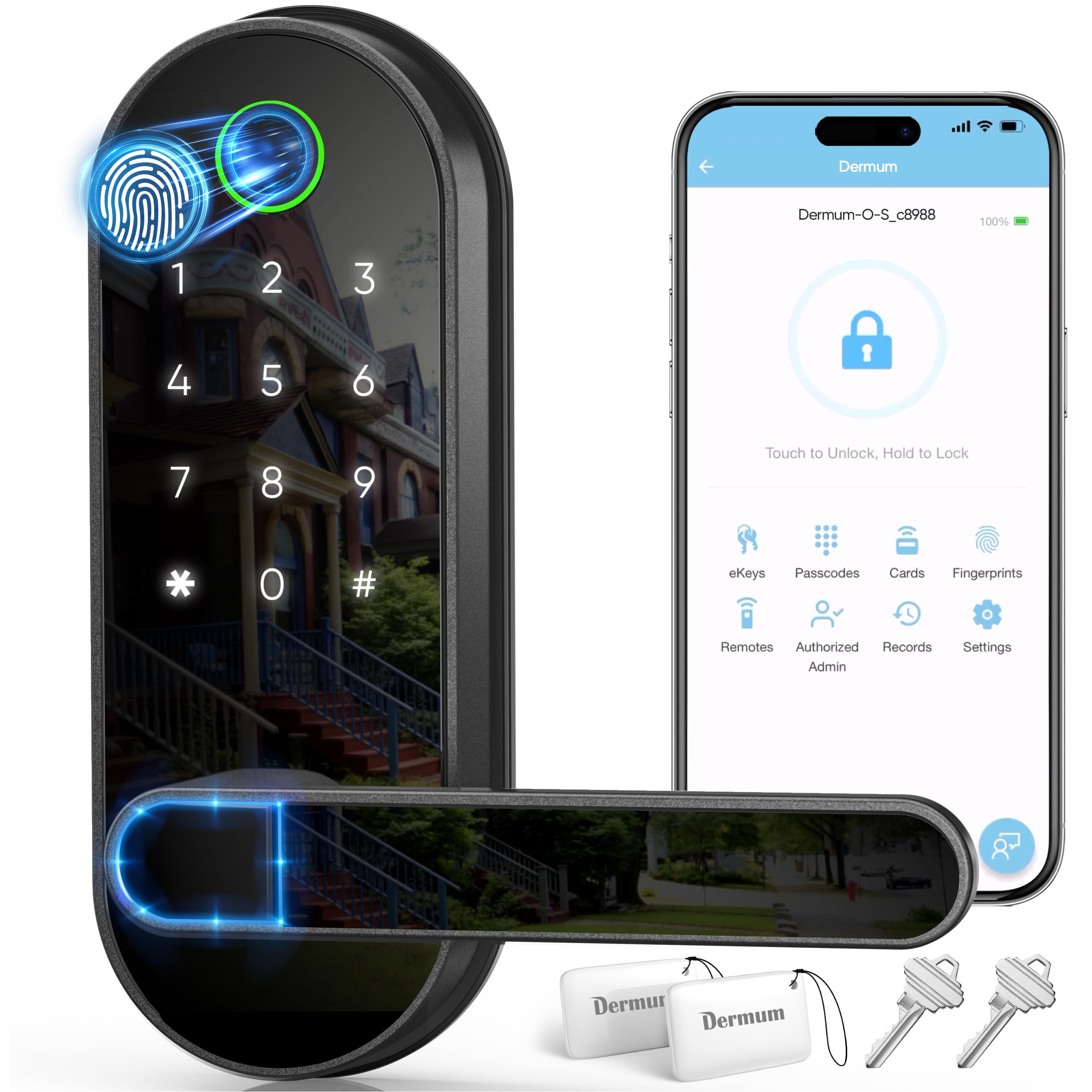 Dermum Keyless-Entry Fingerprint Digital Smart Lock: Electronic Door Lock With Code Passcode, Electric Door Knob, Biometric Door Handle (Black)