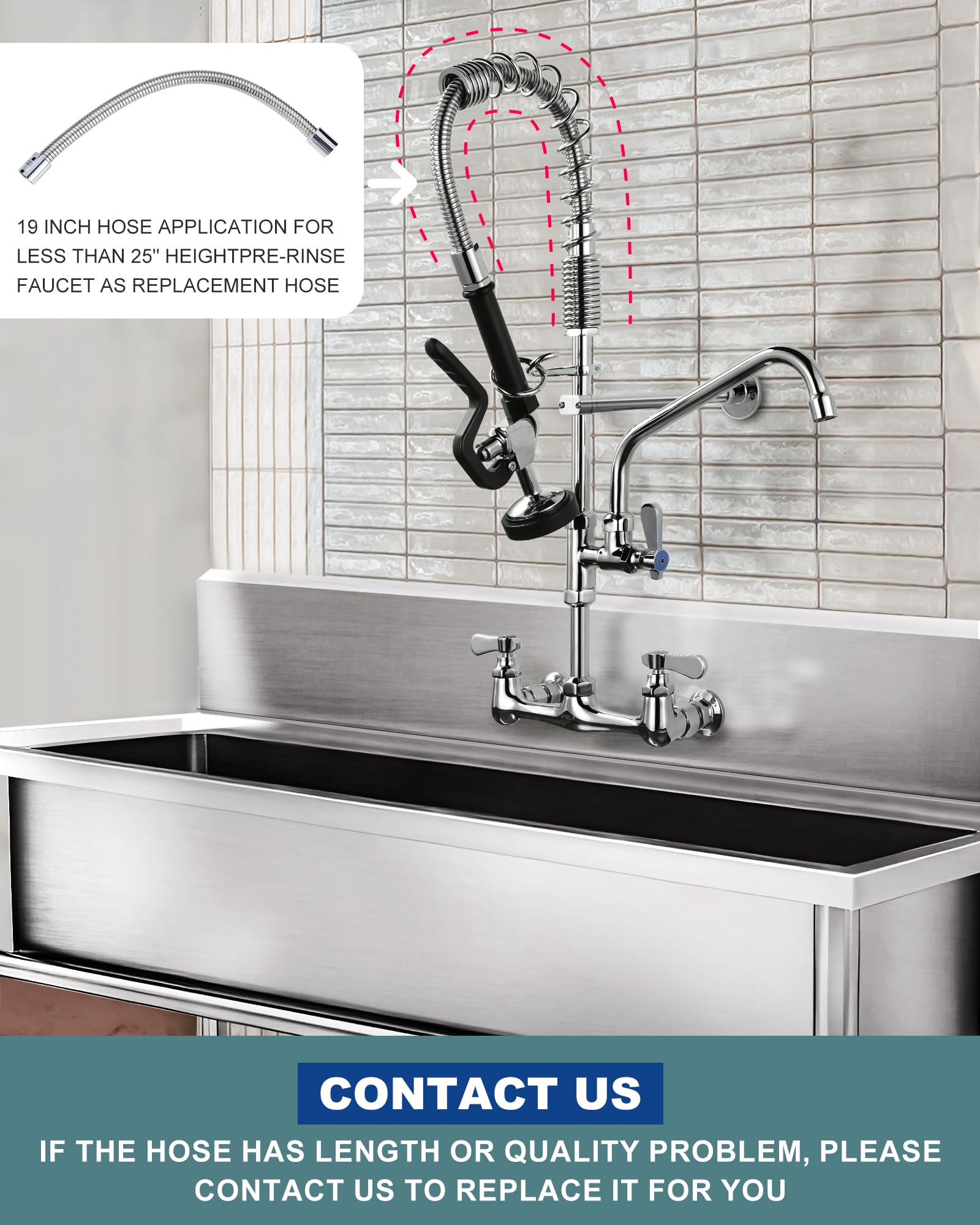 Aleasha 25" Height Commercial Faucet Wall Mount With Sprayer 8" Adjustable Center 9.6" Swing Spout, Kitchen Sink Faucet With Pull Down Pre-Rinse Sprayer For Restaurant Industrial Kitchen, Chrome