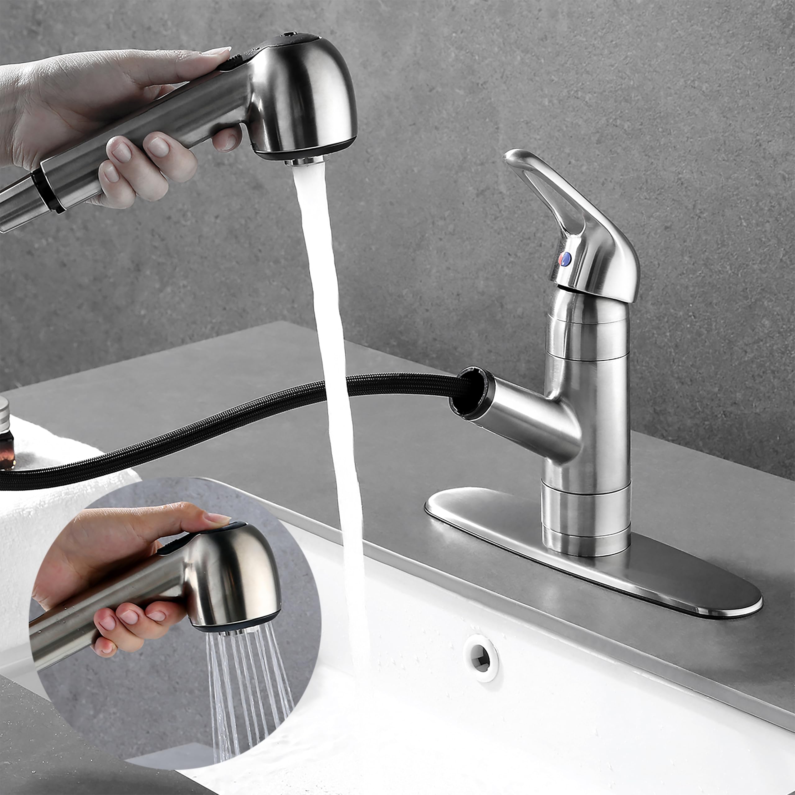 Derengge Stainless Steel 8 Inch Kitchen Sink Faucet,Single Handle Pull Out Kitchen Faucet With Deck Plate,1 Hole Or 3 Hole Installation,Kf-8125-Ss