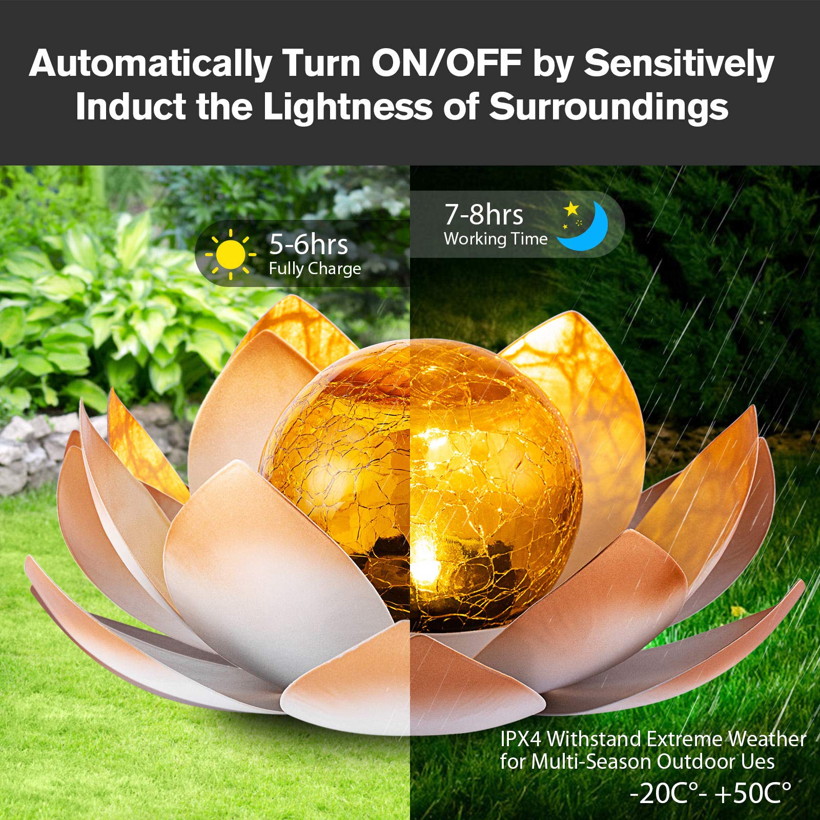 Aiiny Garden Solar Lights Outdoor(2Pack) , Amber Crackle Globe Glass Lotus Decoration , Waterproof Orange Metal Led Flower Lights For Patio,Lawn,Walkway,Tabletop,Ground, Garden  For Women