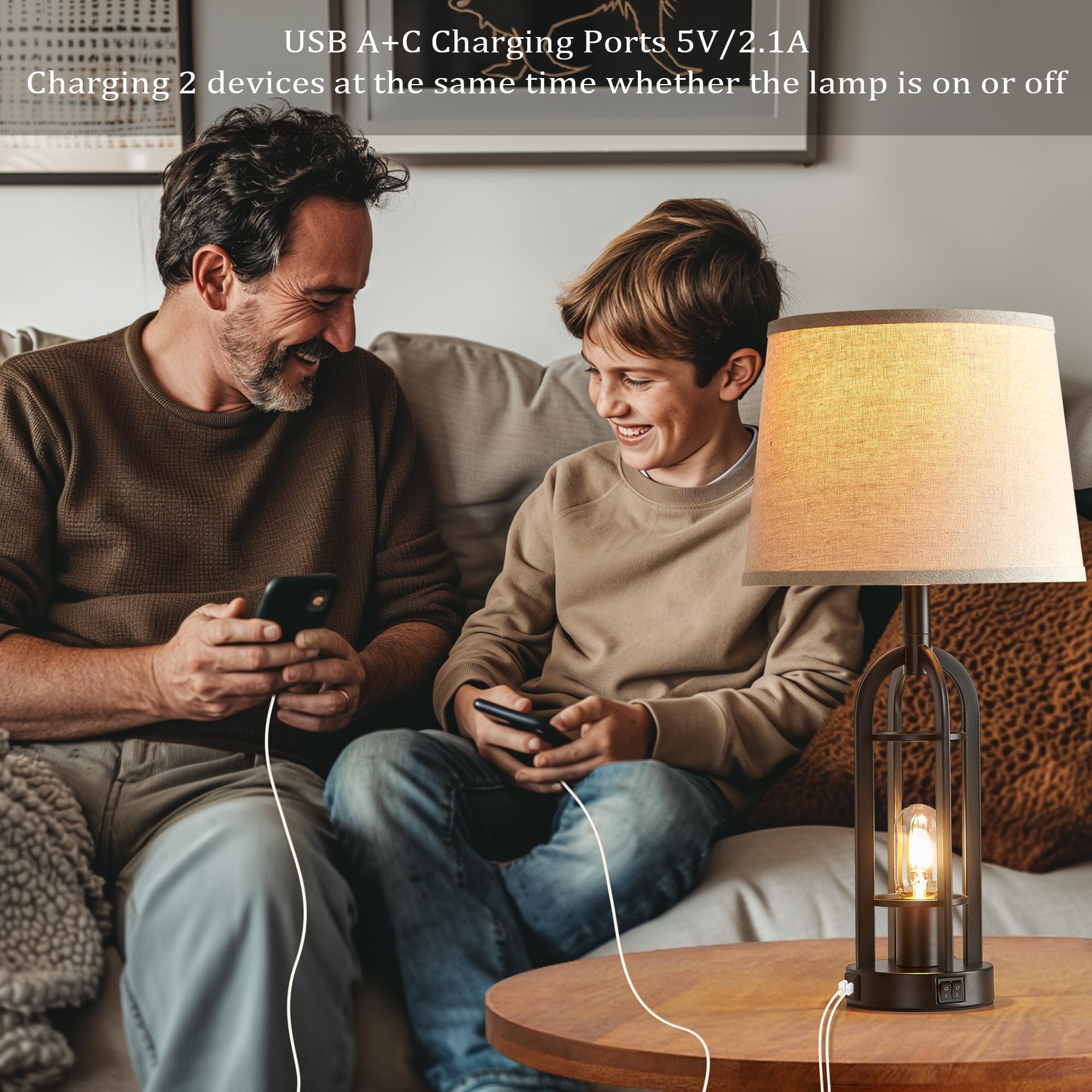 Srjja Black Table Lamps For Living Room Set Of 2 - Farmhouse Lamps For Night Stands With Usb A+C, Bedside Lamps For Bedroom, 24'' Industrial Lamp For Living Room End Tables