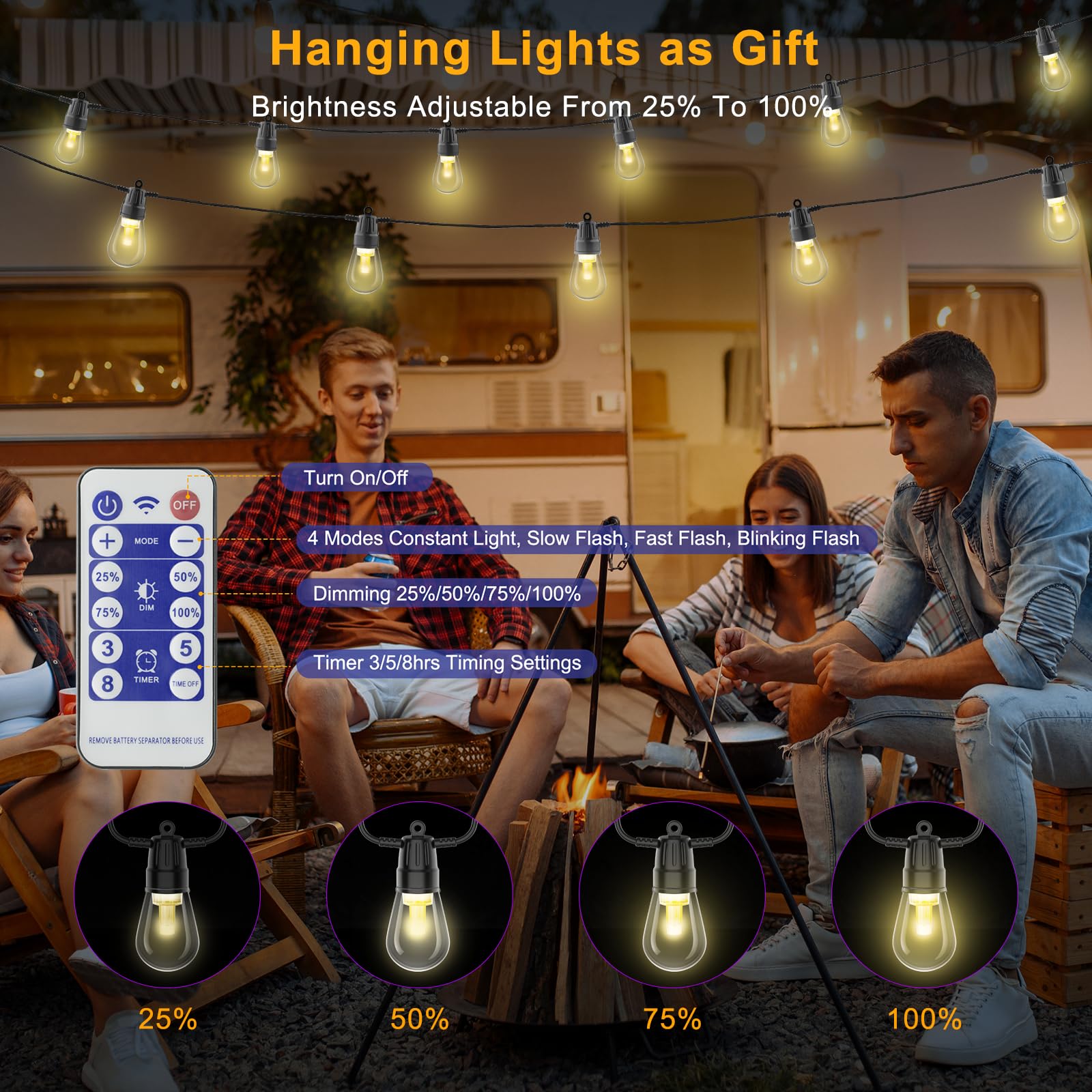 Ysj Solar String Lights Outdoor Waterproof,49Ft 20 Bulb Solar Outdoor String Lights,Solar Powered Outdoor String Lights With Usb-C Port And Remote Control,Camping Decoration Garden (Black)