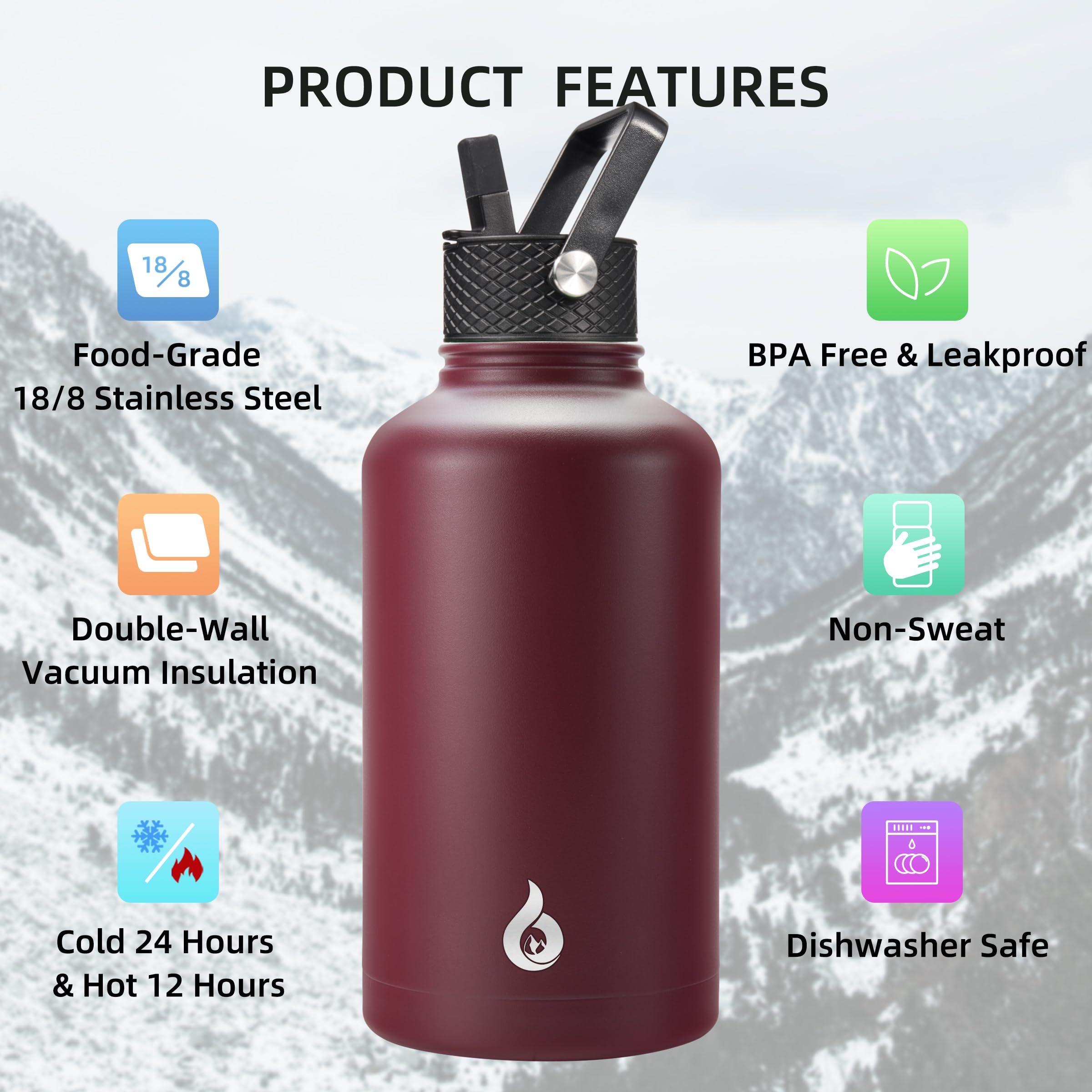 Bjpkpk Half Gallon Insulated Water Bottles With Straw Lid, 64Oz Large Water Jug, Stainless Steel