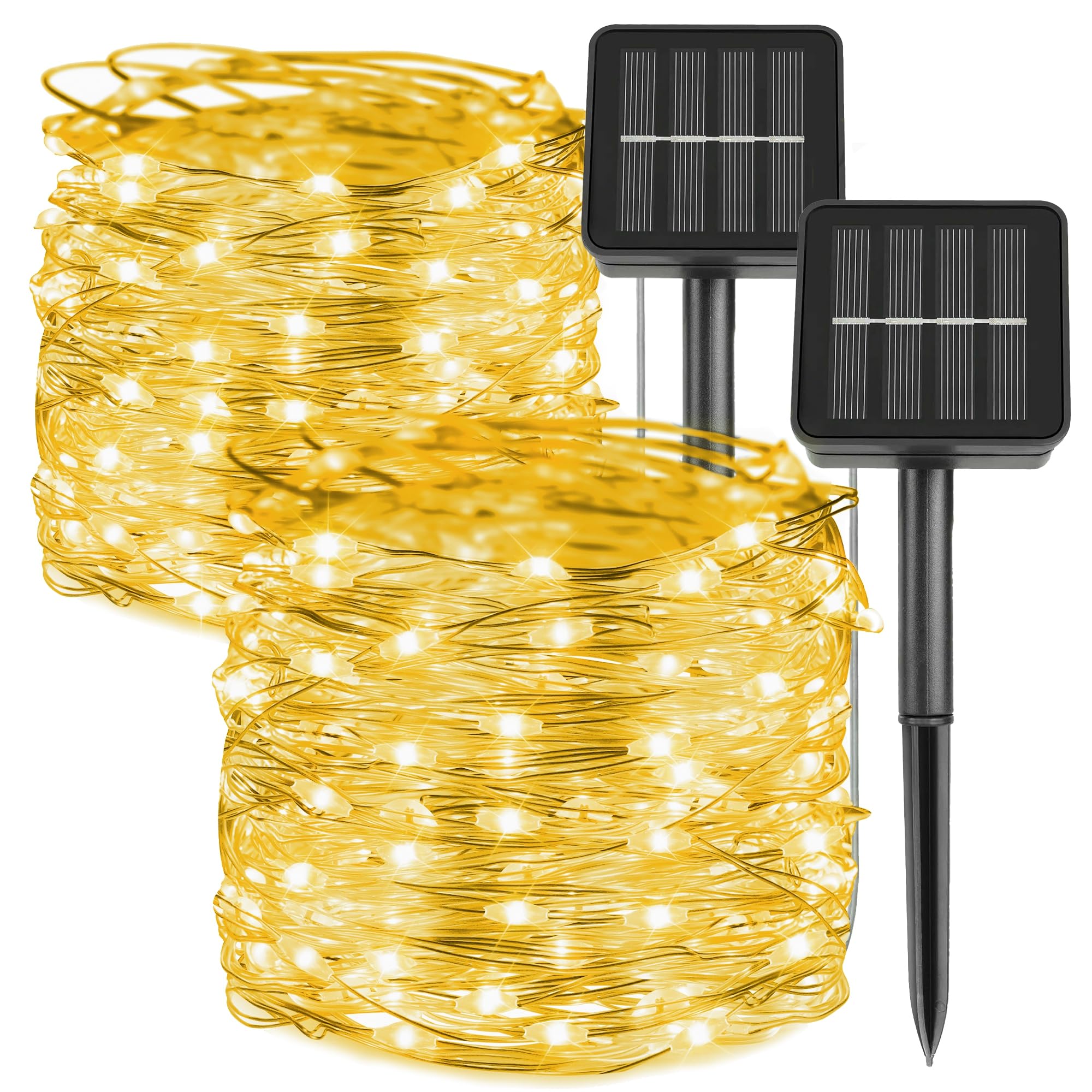 Kemooie 2 Packs Solar String Lights, Total 200 Led 66Ft 8 Twinkle Modes Warm White Solar Powered Fairy Lights, Waterproof For Outdoor, Tree, Garden, Christmas Decorations (Warm White)