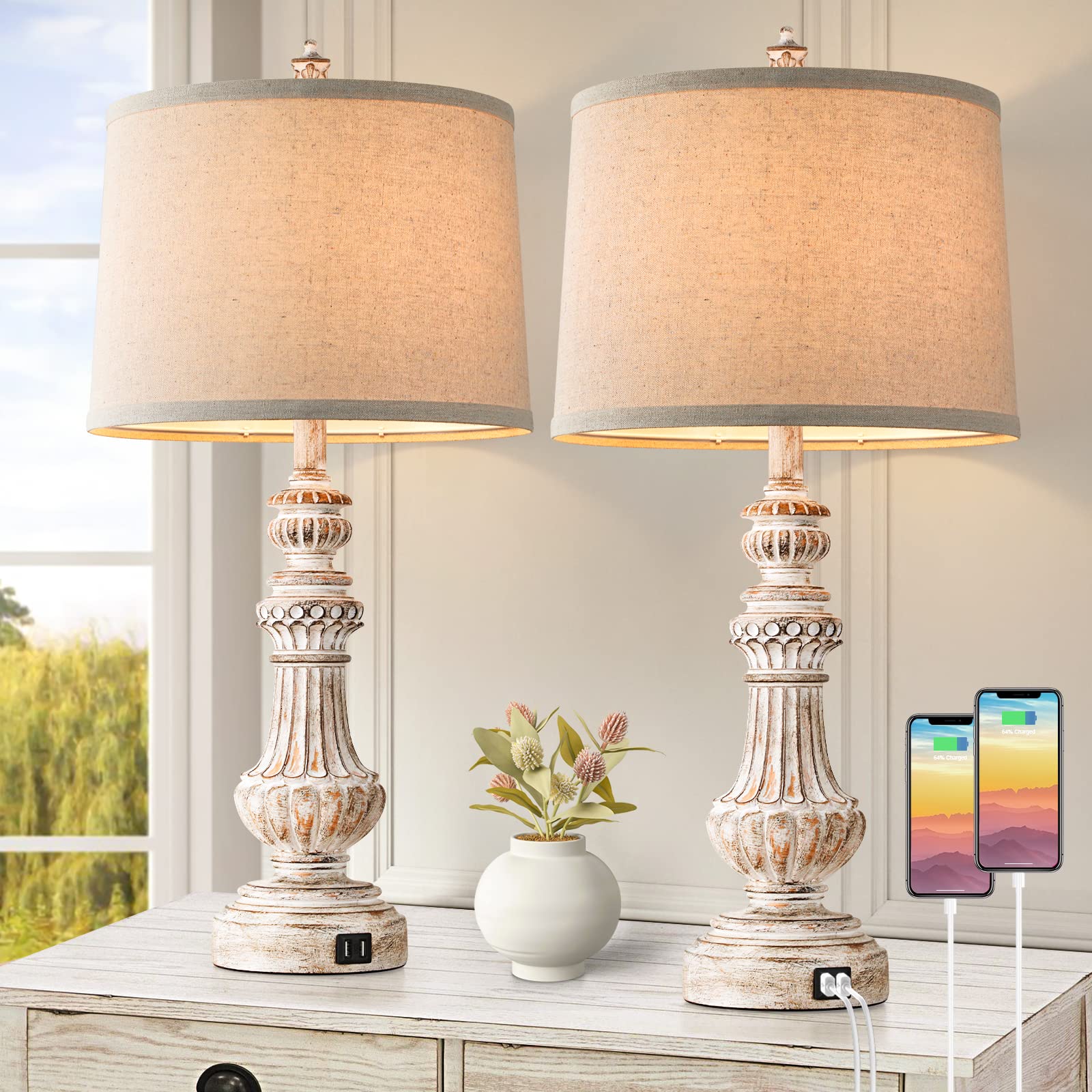 Bosceos Tall Table Lamps Set Of 2, 28” Vintage Table Lamps With Dual Usb Ports, Resin Bedside Lamps With Rotary Switch, Nightstand Lamps With E26 Base, Desk Lamp With Fabric Shade For Living Room Bedroom