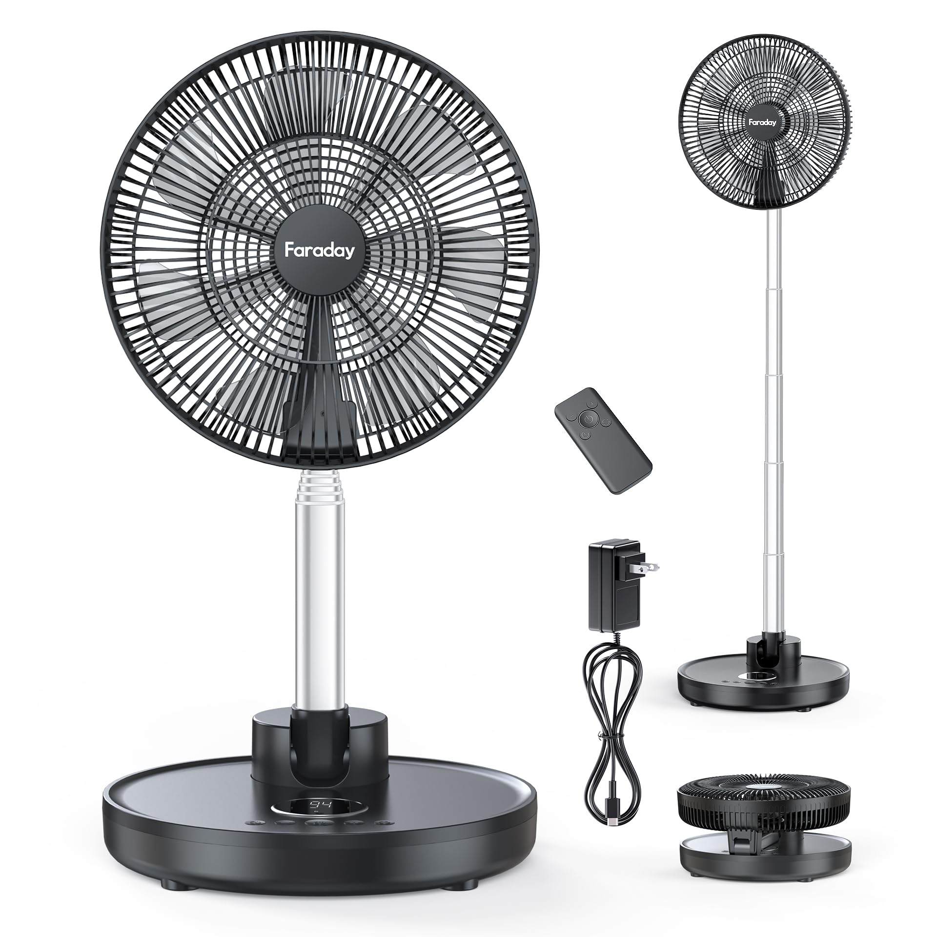 Faraday Oscillating Standing Fan 12” Foldable Portable Quiet Floor Fan 12000Mah Rechargeable - Koospark