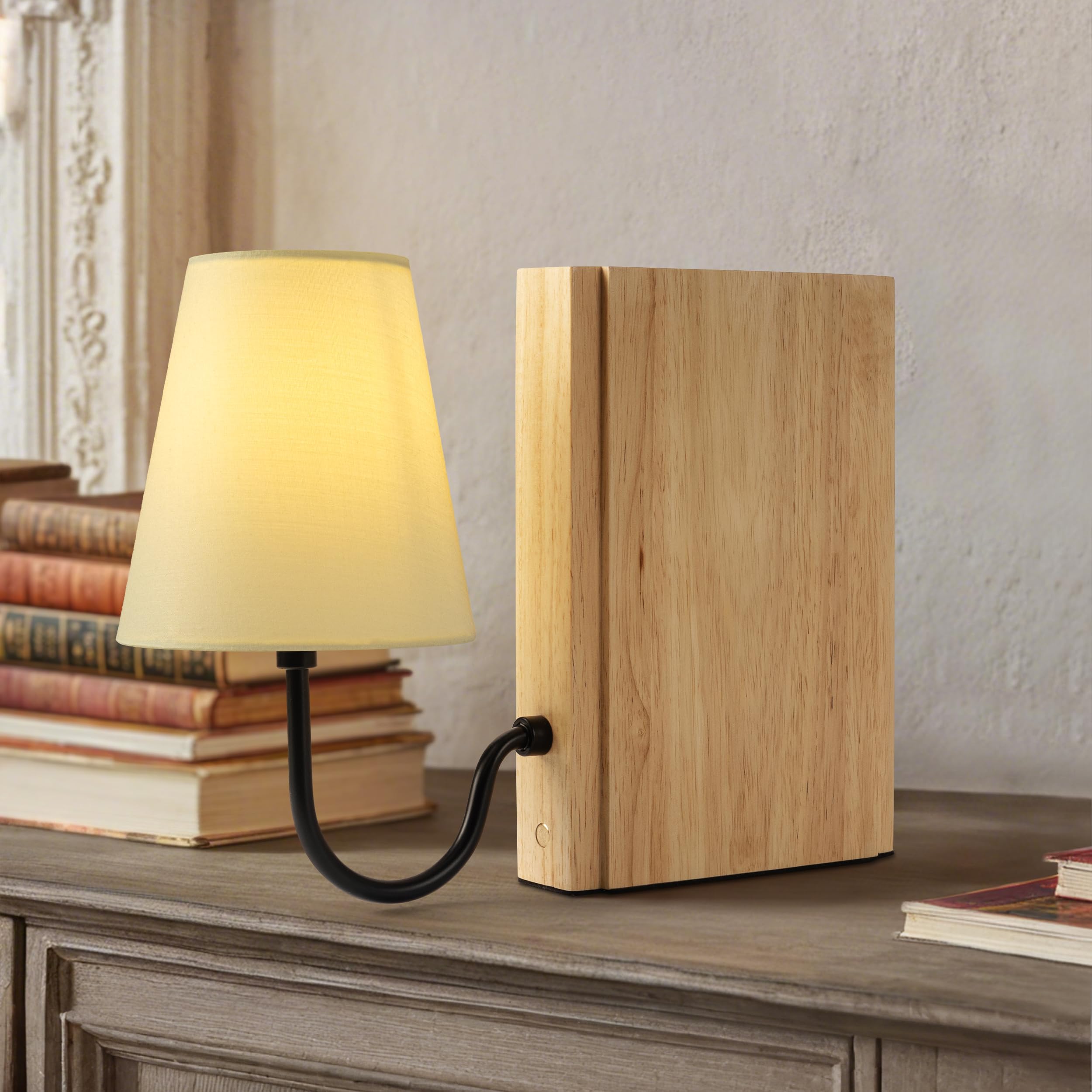 Aels Wooden Bookshelf Lamp With Bulb, Table Lamp With Linen Shade, 3-Color Dimmable Touch Control, Modern Decorative Bookend, Book Sconce For Office Home Bedroom Bookshelf, Natural