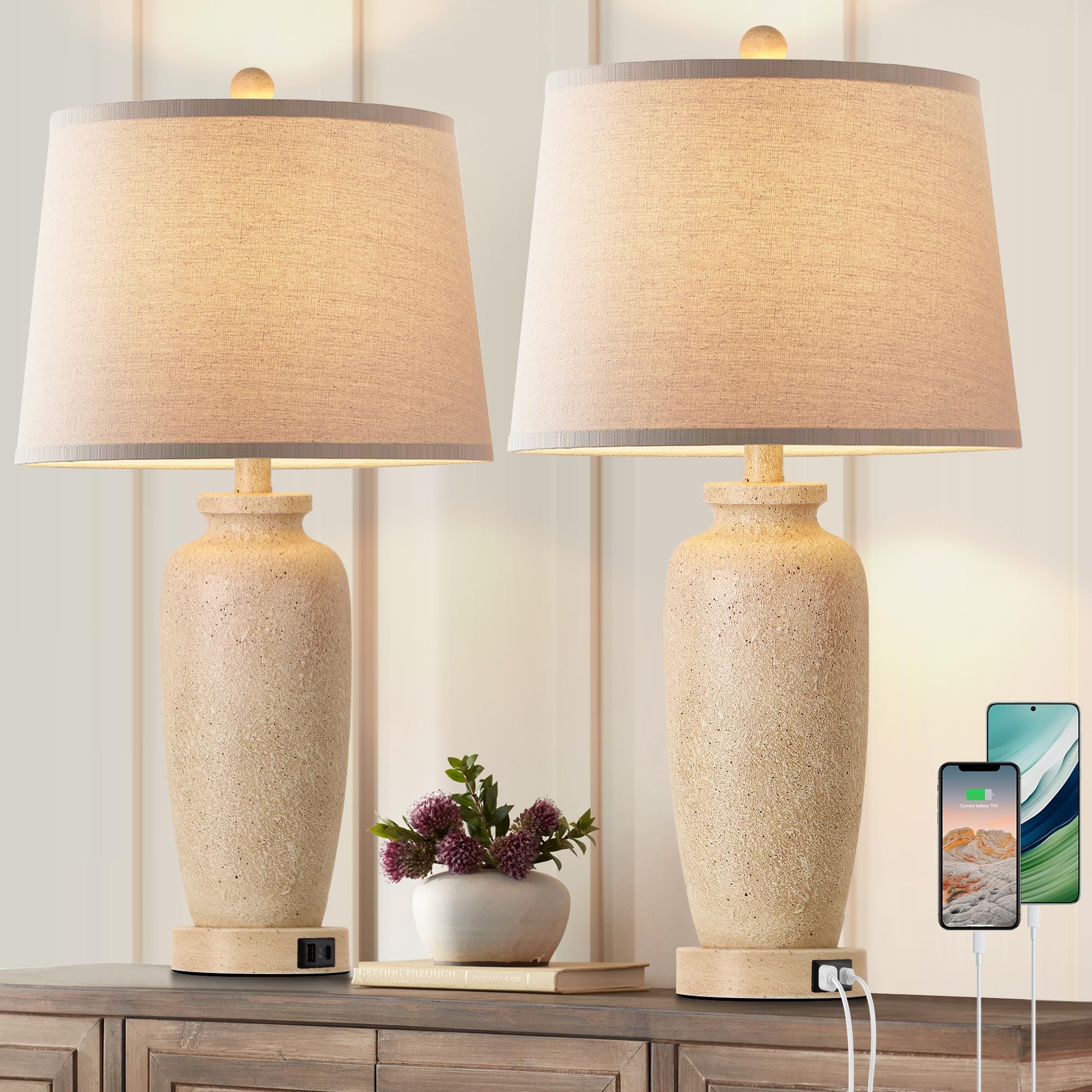 Wihtu 3 Color Temperature Farmhouse End Table Lamps For Living Room With Usb-A And Type C Ports, Rustic Bedside Lamp With Beige Oatmeal Fabric Drum Shades, Bedroom House Lamp For Nightstand ( Bulb Included)
