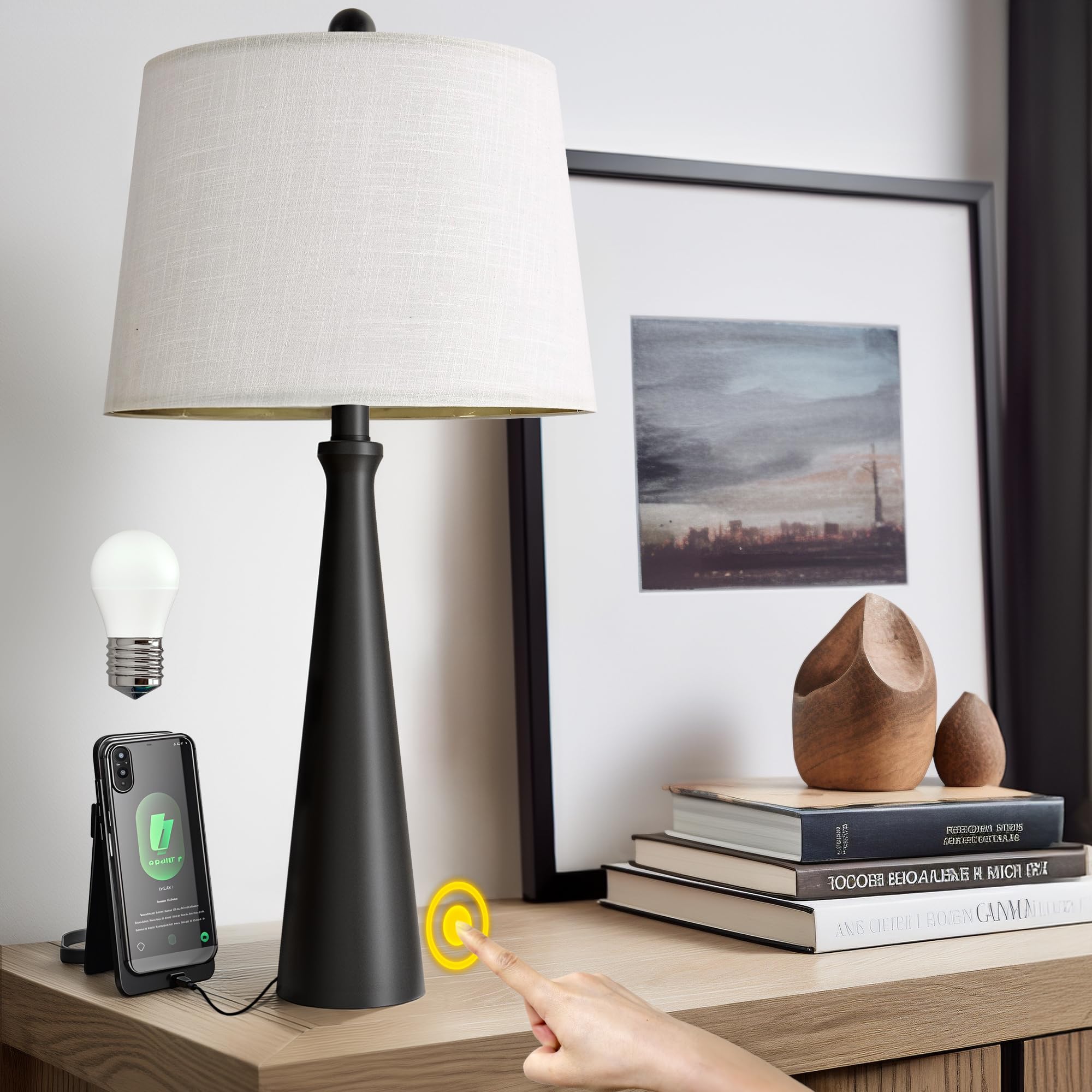 Oneach 25.75" Table Lamps For Living Room, Bedside Lamp 3-Way Dimmable Touch Control, Modern Black Nightstand Lamp With Fabric Shade, Vintage Table Lamp For Bedroom, Bulb Included