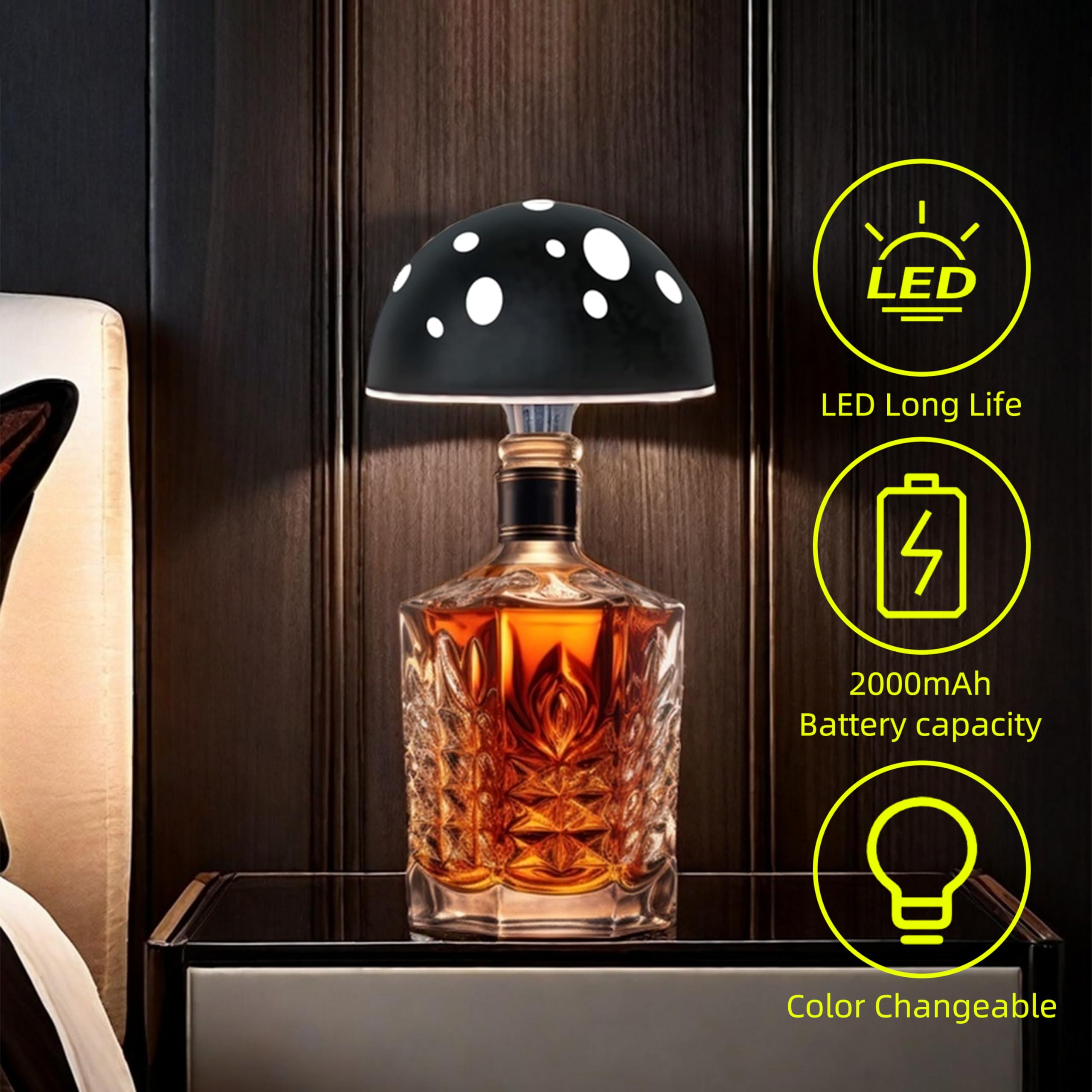 Fozxsvg Mushroom Bottle Lamp, Alloy Wine Bottle Lights, Led Table Lamps With 2000Mah 3 Color Adjustable For Bedroom, Bar, Restaurant (Black)