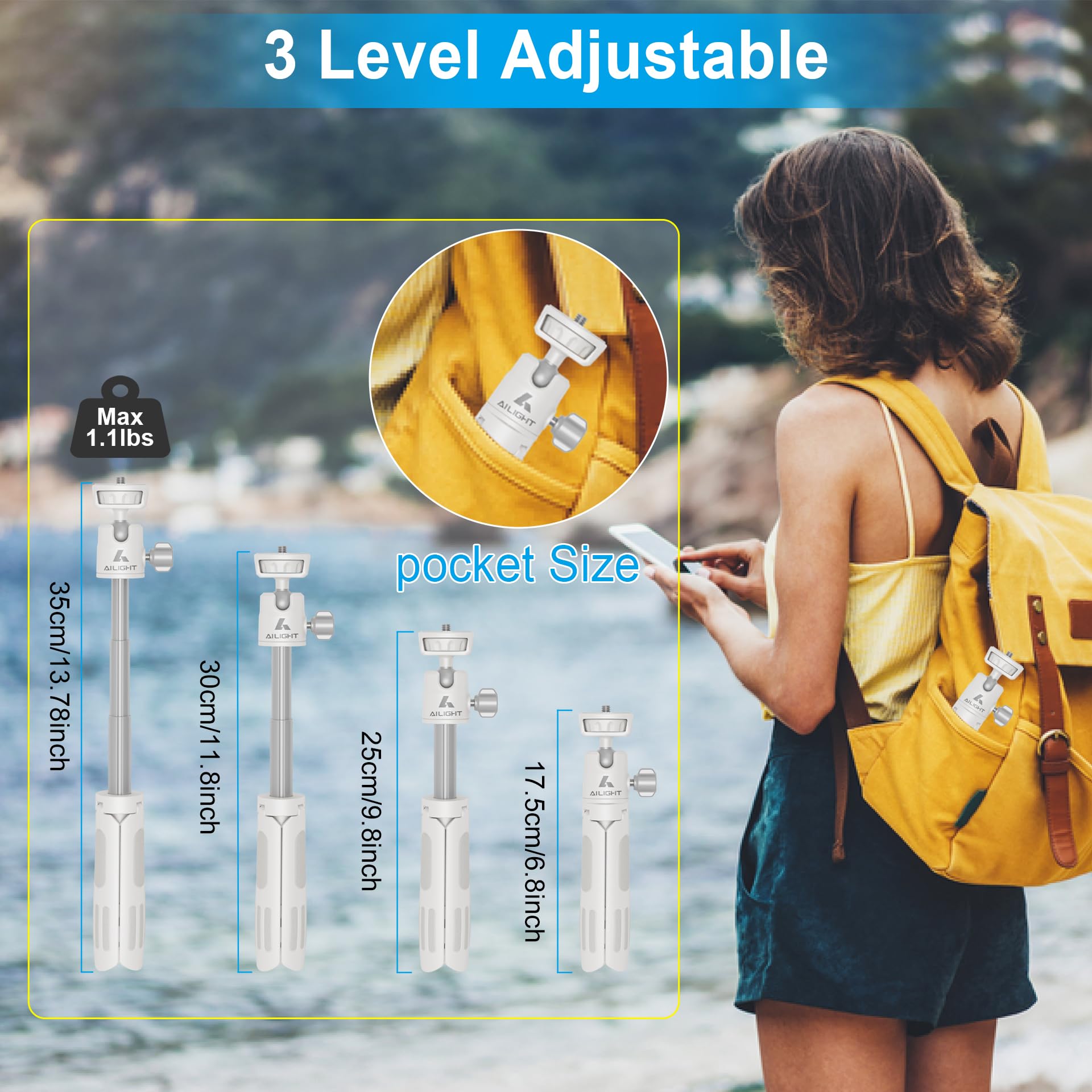 Ailight 11.2'' Mini Phone Tripod, Portable Bluetooth Selfie Stick With Wireless Remote For Video Recording- Extendable Tripod Stand With Adjustable Phone Holder & Camera Adapter(Off-White)