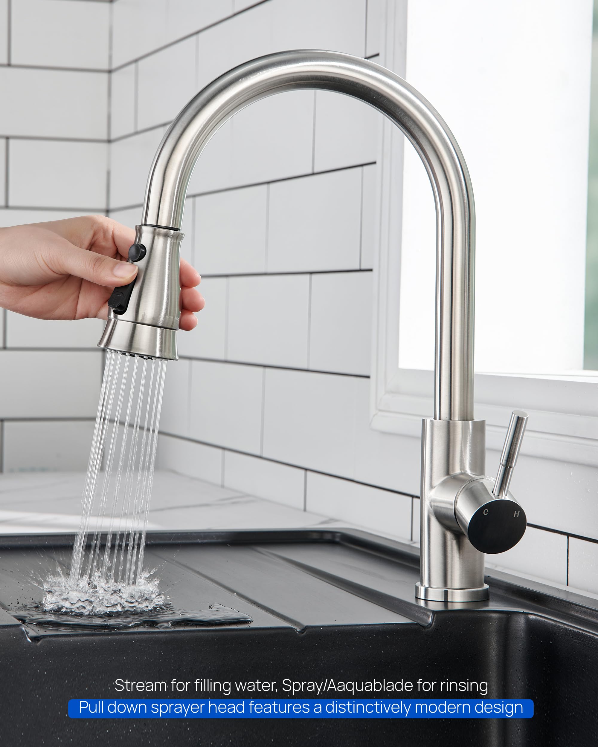 J-Hva Kitchen Faucet Sprayer Head Replacement With 15 Adapters (Updated) - Pull Down Kitchen Sink Faucet Spray Nozzle Head Replacement 3-Function Tap Spray Head For Kitchen Sink, Brushed Nickel