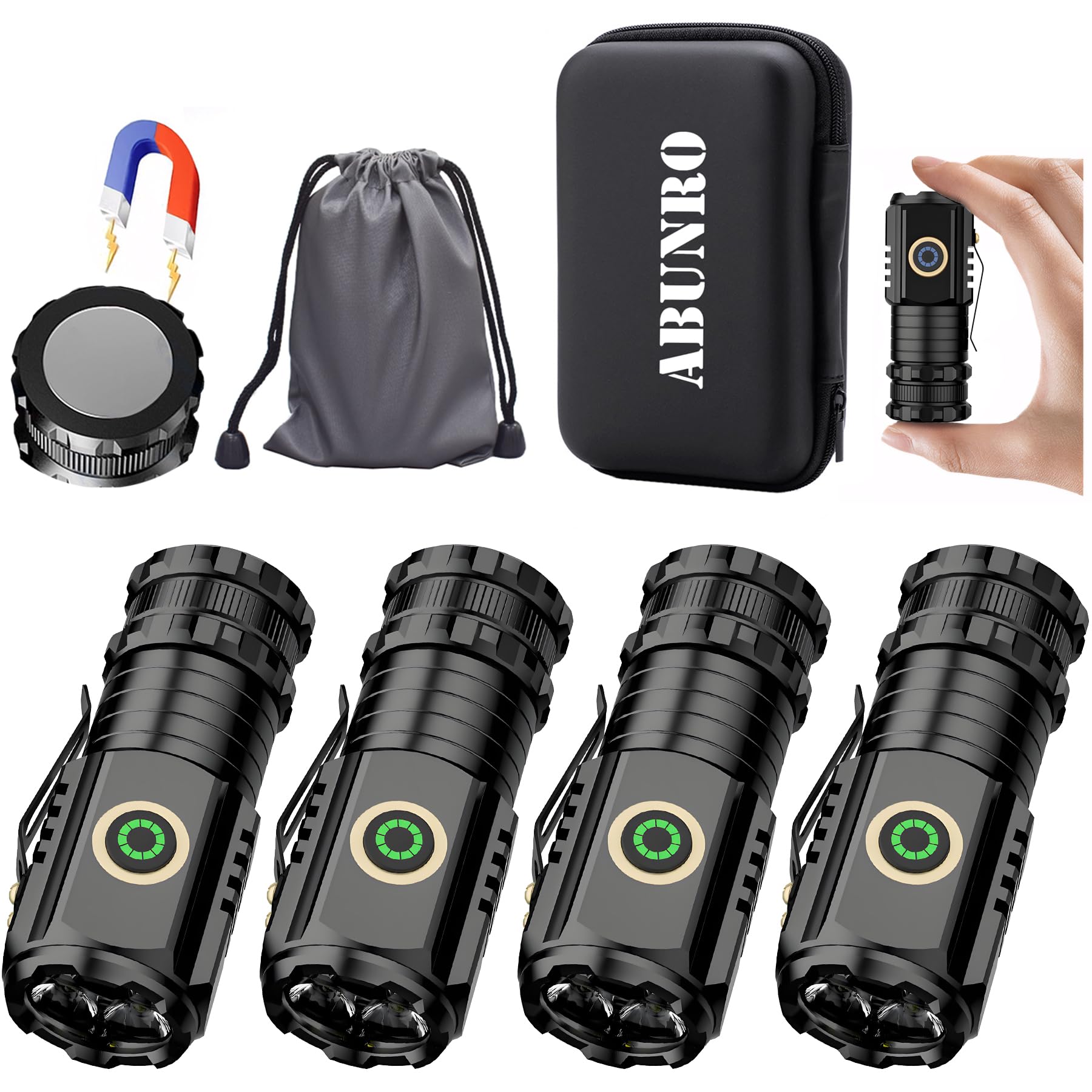 Abunro Small Flashlight Rechargeable, With Magnetic Base, Aluminum Mini Flashlight 2550 Lumens 4 Pcs Bright 3 Led Flashlight, 5 Lighting Modes Portable Rechargeable Flashlights Small For Camping Home
