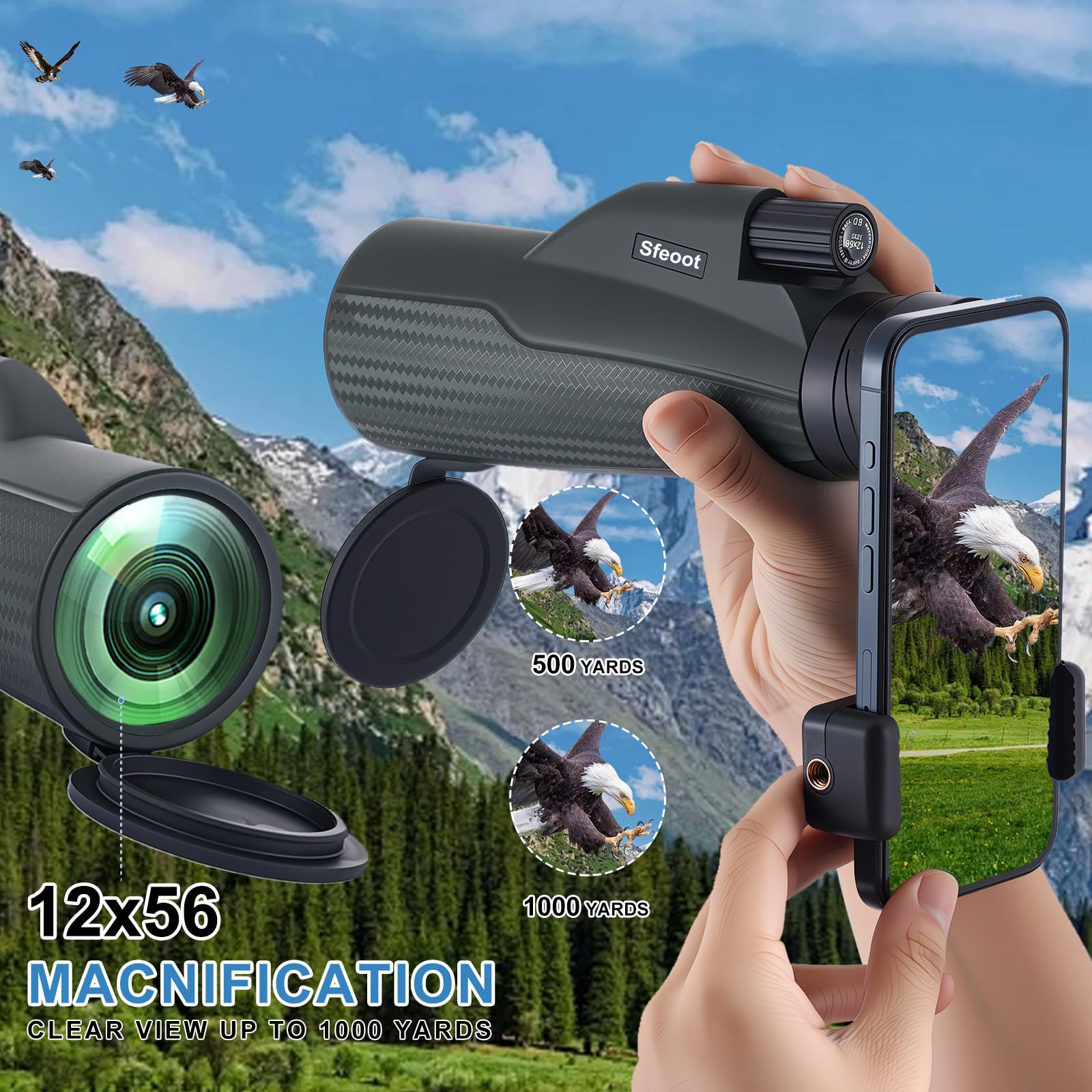 Sfeoot Monocular Telescope 12X56 High Power With Smartphone Adapter Tripod,Larger Vision Monoculars For Adults With Bak4 Prism & Fmc Lens, Suitable For Bird Watching Hunting Hiking Camping Wildlife-Green