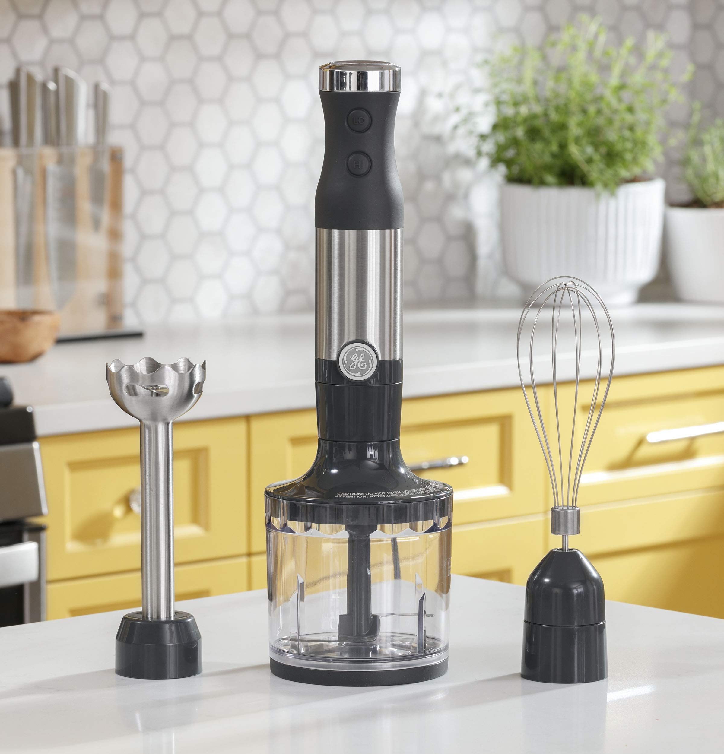 Ge Immersion Blender Handheld Blender For Shakes, Smoothies, Baby Food & More Includes Whisk & Blending Jar 2-Speed Interchangeable Attachment For Easy Clean 500 Watts Stainless Steel