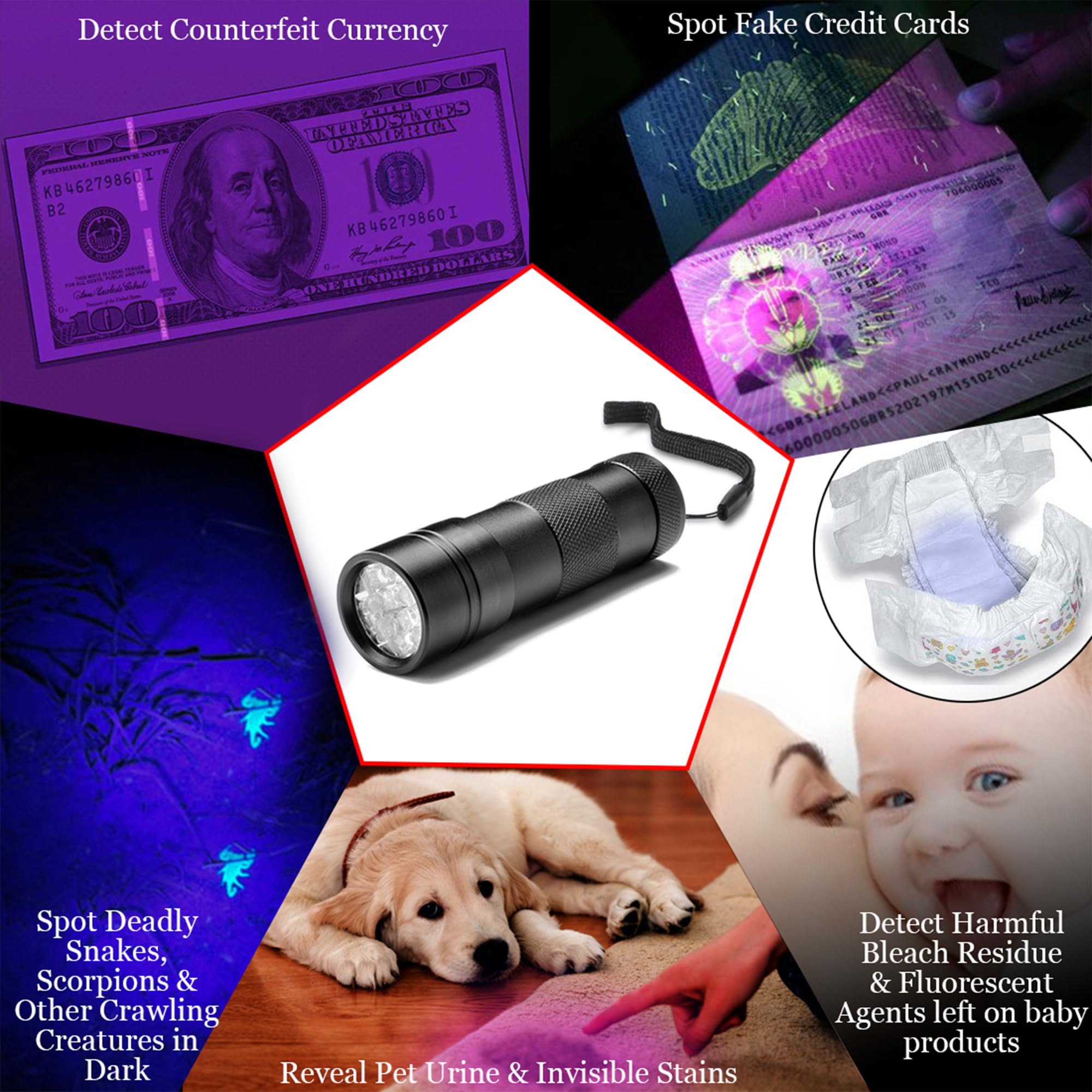 Jor Uv Flashlight With Aaa Batteries, Pet Pee & Stain Detector, Black Ultra Violet Mini Handheld Light, Spots Invisible Stains, Aluminum Alloy, Multifunctional