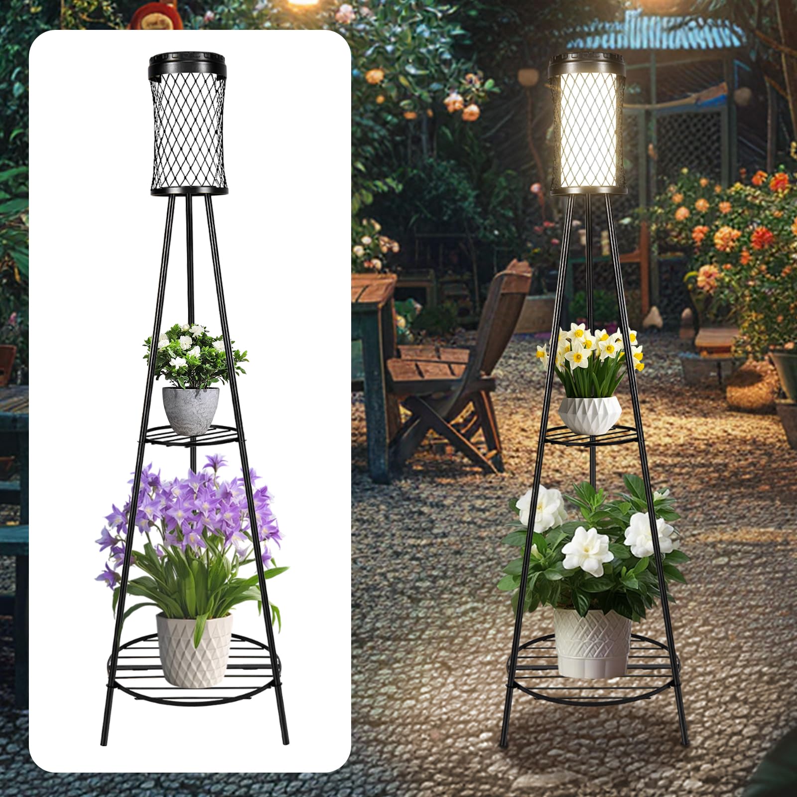 Satucol 4 Pack 45.4'' Outdoor Floor Lamp Ip65 Waterproof, Solar Lights Outdoor With 2 Plant Stand,Outdoor Patio Decor With Usb Charging Port 3 Lighting Modes For Porch Deck Yard And Garden