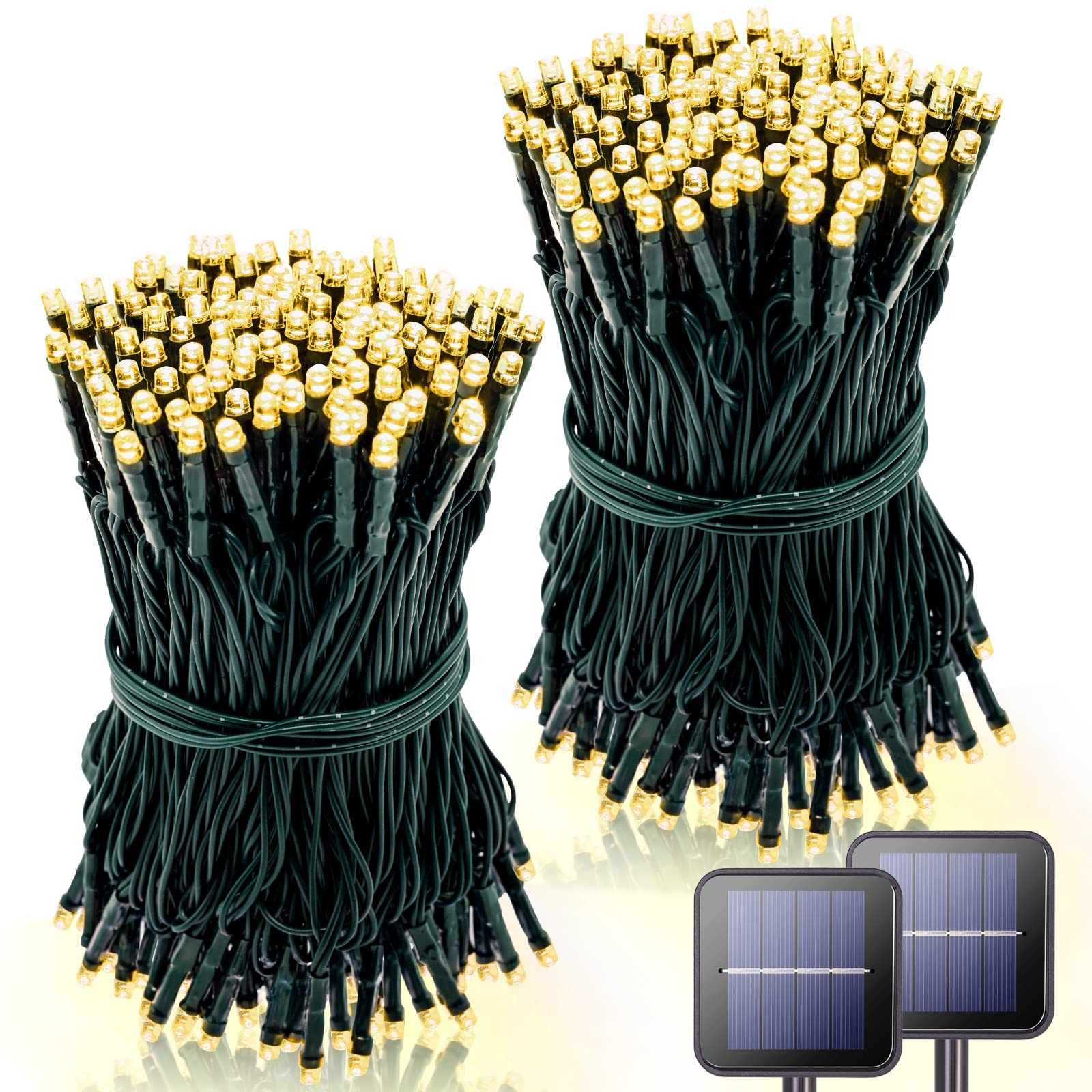 Potive 42.7Ft Warm White Solar Christmas Lights, 2 Pack Total 200 Led Outdoor String Lights With 8 Modes For Tree, Patio, Yard, Wedding, Garden Decorations