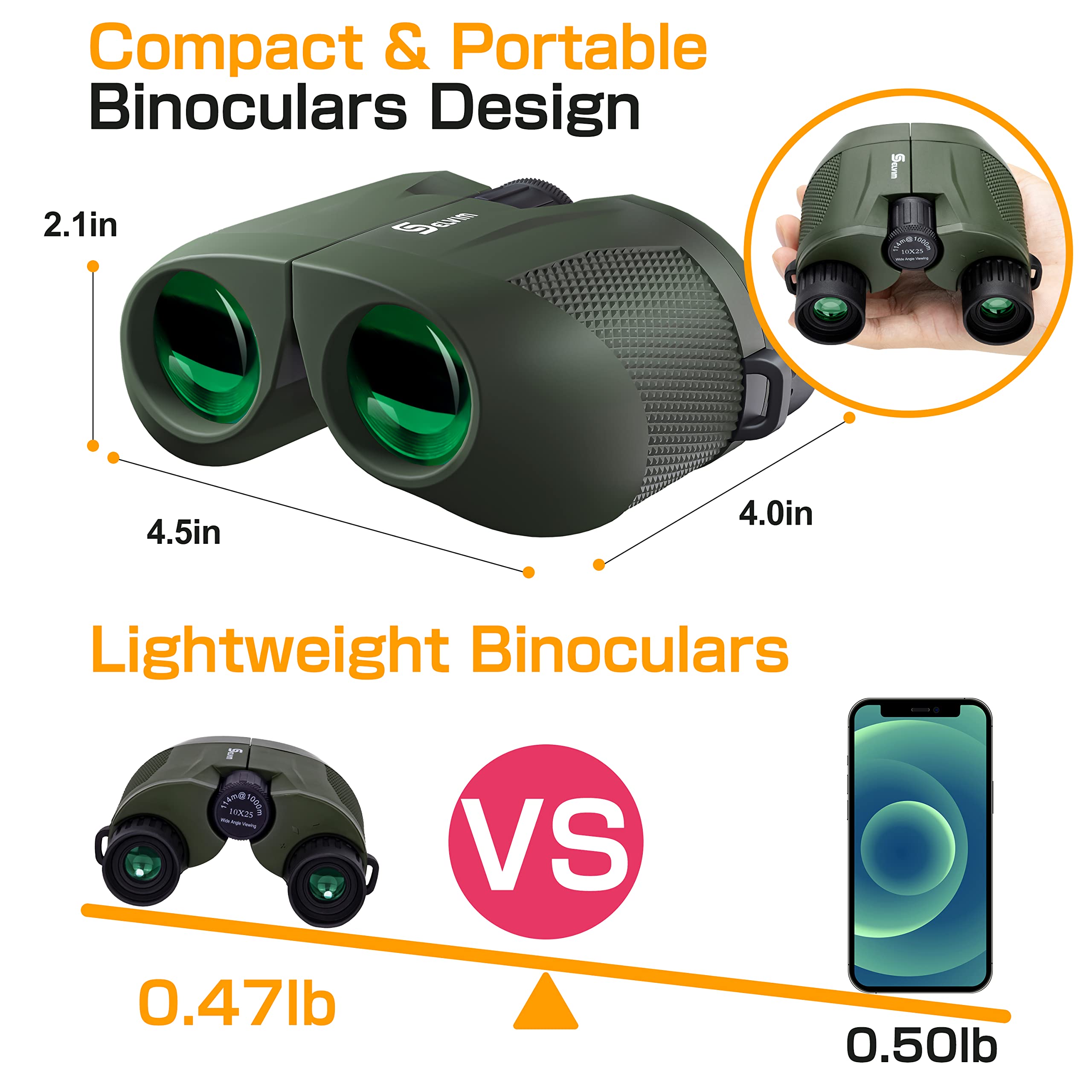 Selvim Selvim10X25 Binoculars For Adults And Kids, Compact Binoculars, Large Eyepiece And Clear Fmc Bak4 Prism Lens, For Bird Watching, Theater And Concerts, Hunting And Sport Games