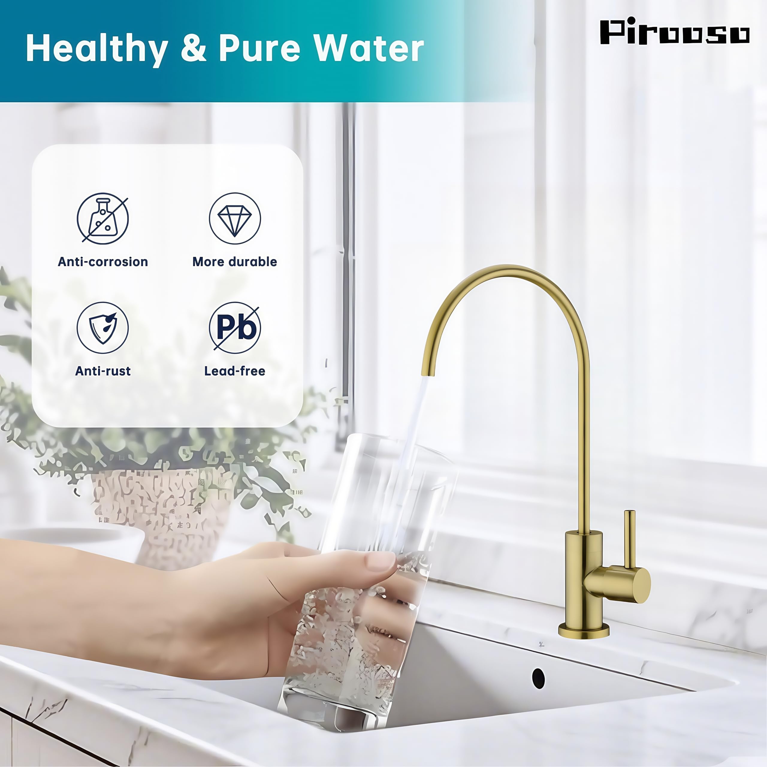 Pirooso Brushed Brass Water Filter Faucet - 360° Swivel Drinking Water Faucet For Kitchen Sinks, Compatible With Most Reverse Osmosis & Under Sink Filtration Systems, Elegant Brushed Gold Finish