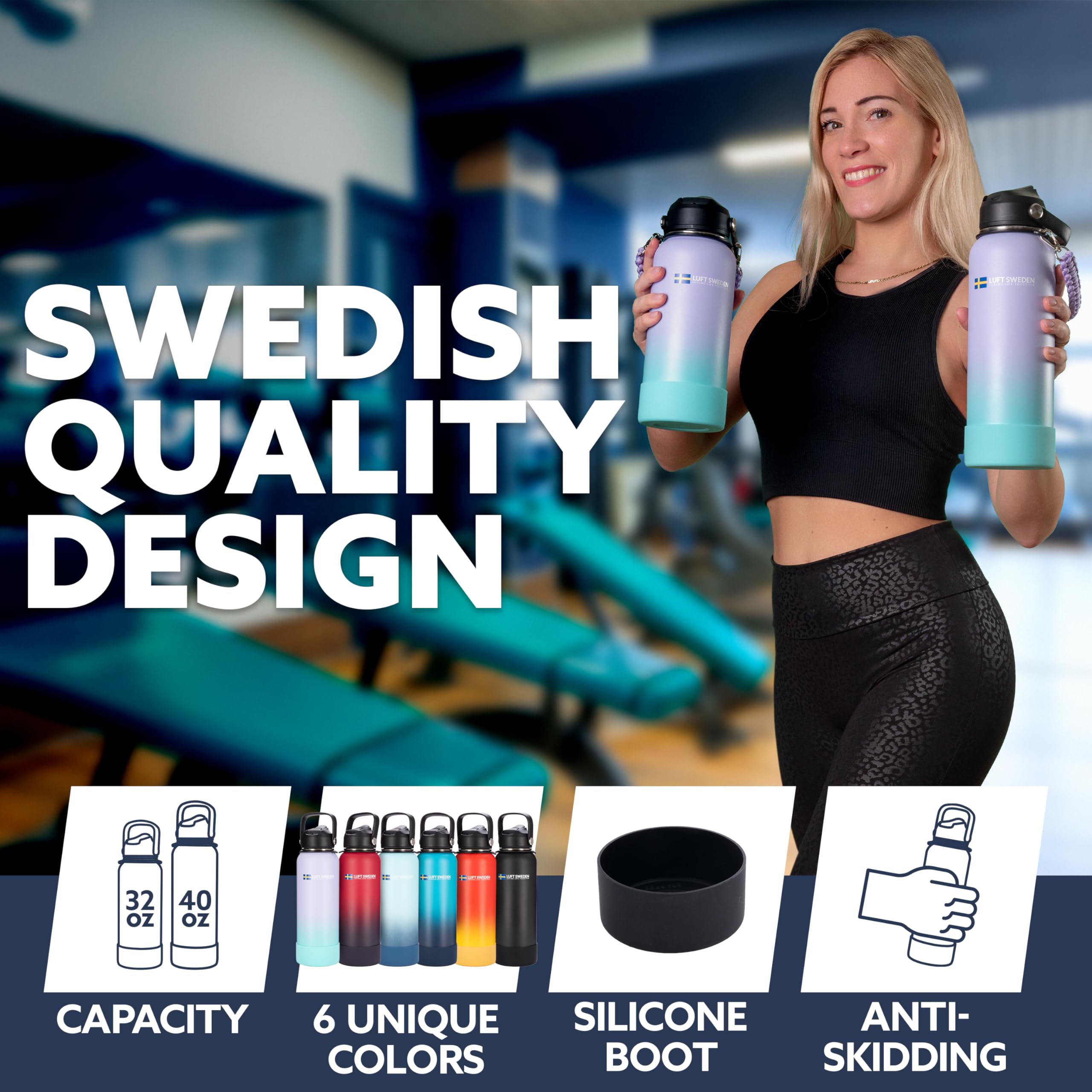 Luft Sweden Reusable Insulated Water Bottle Stainless Steel - Leakproof Double Wall Insulated Water