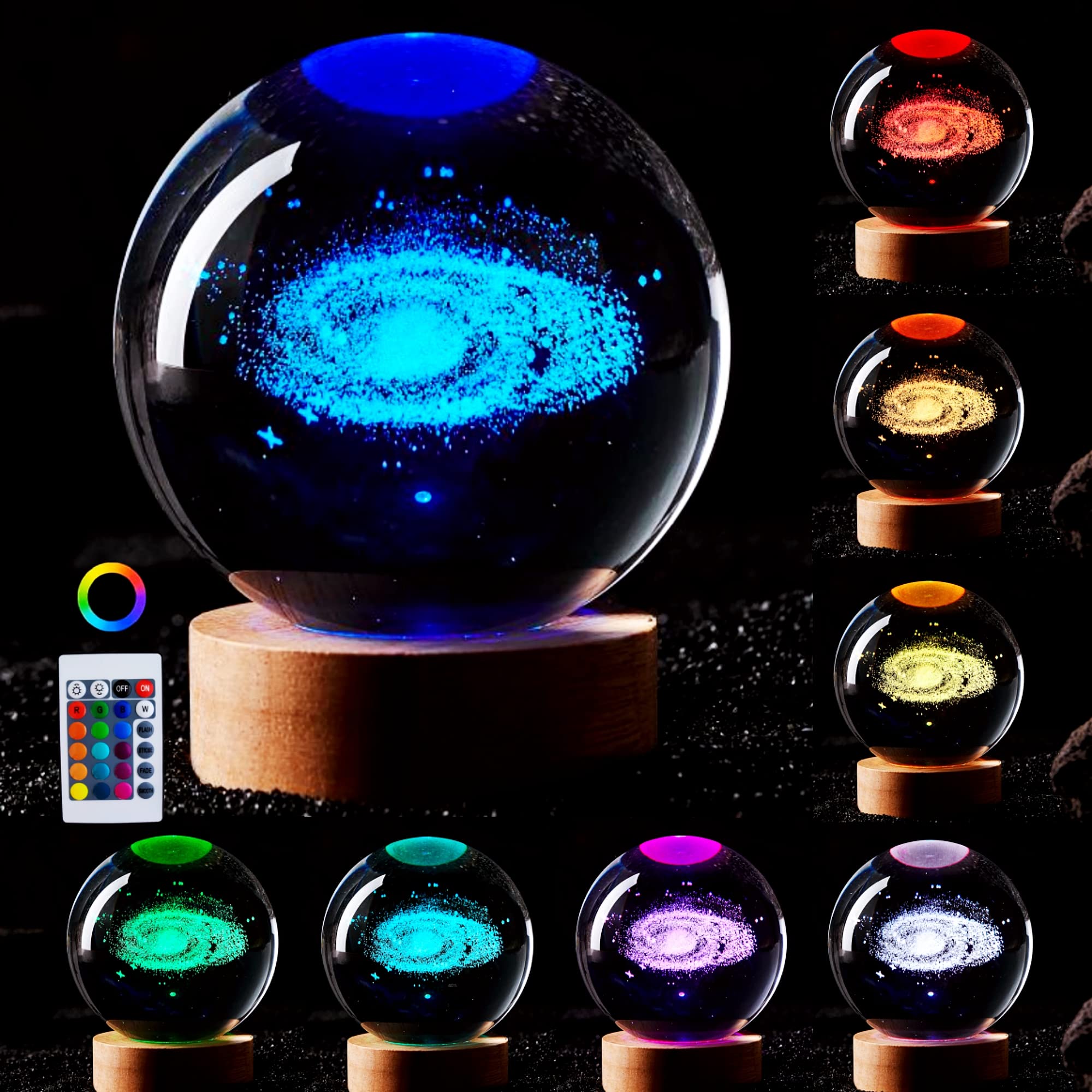 Conalisk 3D Galaxy Crystal Ball Lamp,3.15 Inch K9 Crystal Ball Night Light With Wooden Base,16 Colors Changing Light With Dimmable Remote Control,3D Laser Engraving Holographic Lamp (Galaxy)