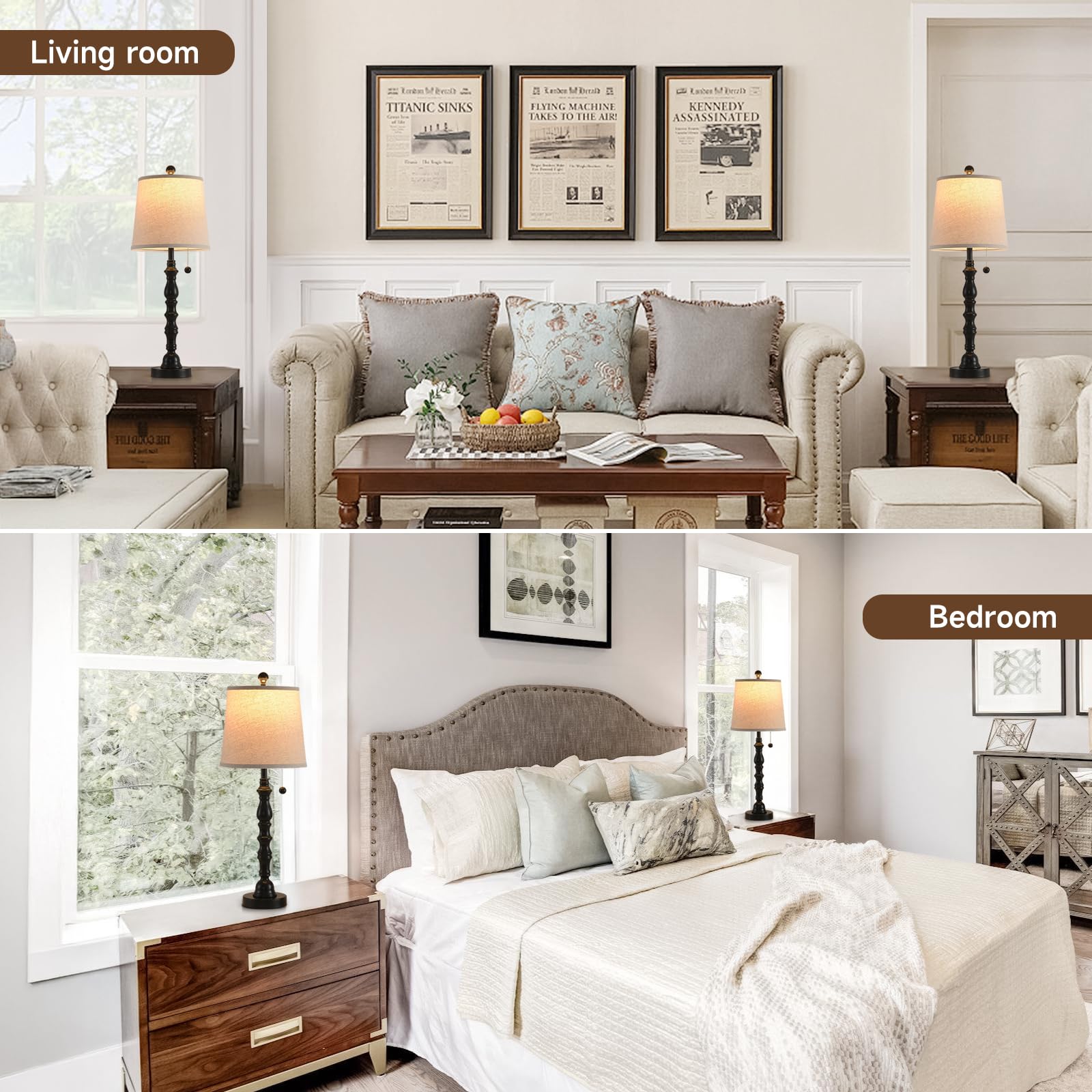 Terpsichore Lamps Set Of 2 Modern Farmhouse Table Lamp Bedside Reading Lights Living Room End Lamps Night Stands Bedroom Night Light,High 26.25 Inch,Black,With Fabric Lamp Shade,Bulb Not Included