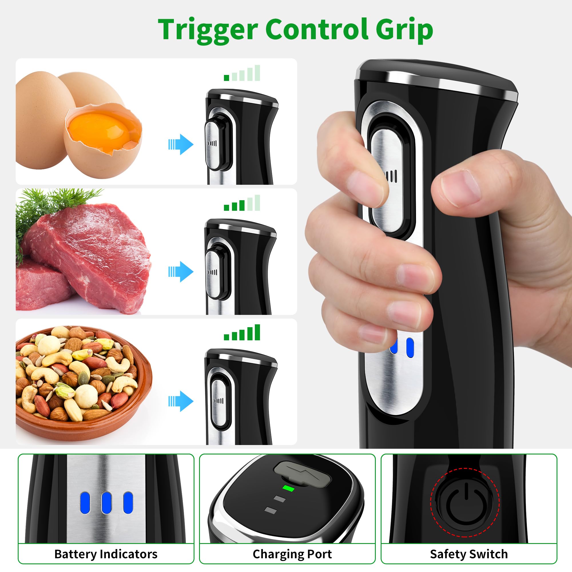 Binroc Cordless Immersion Blender Handheld, Rechargeable 4 In 1 Electric Hand Blender Stick Blender Variable Speed With Chopper, Beaker, Whisk, Stainless Steel Blade For Soup, Baby Food, Smoothies