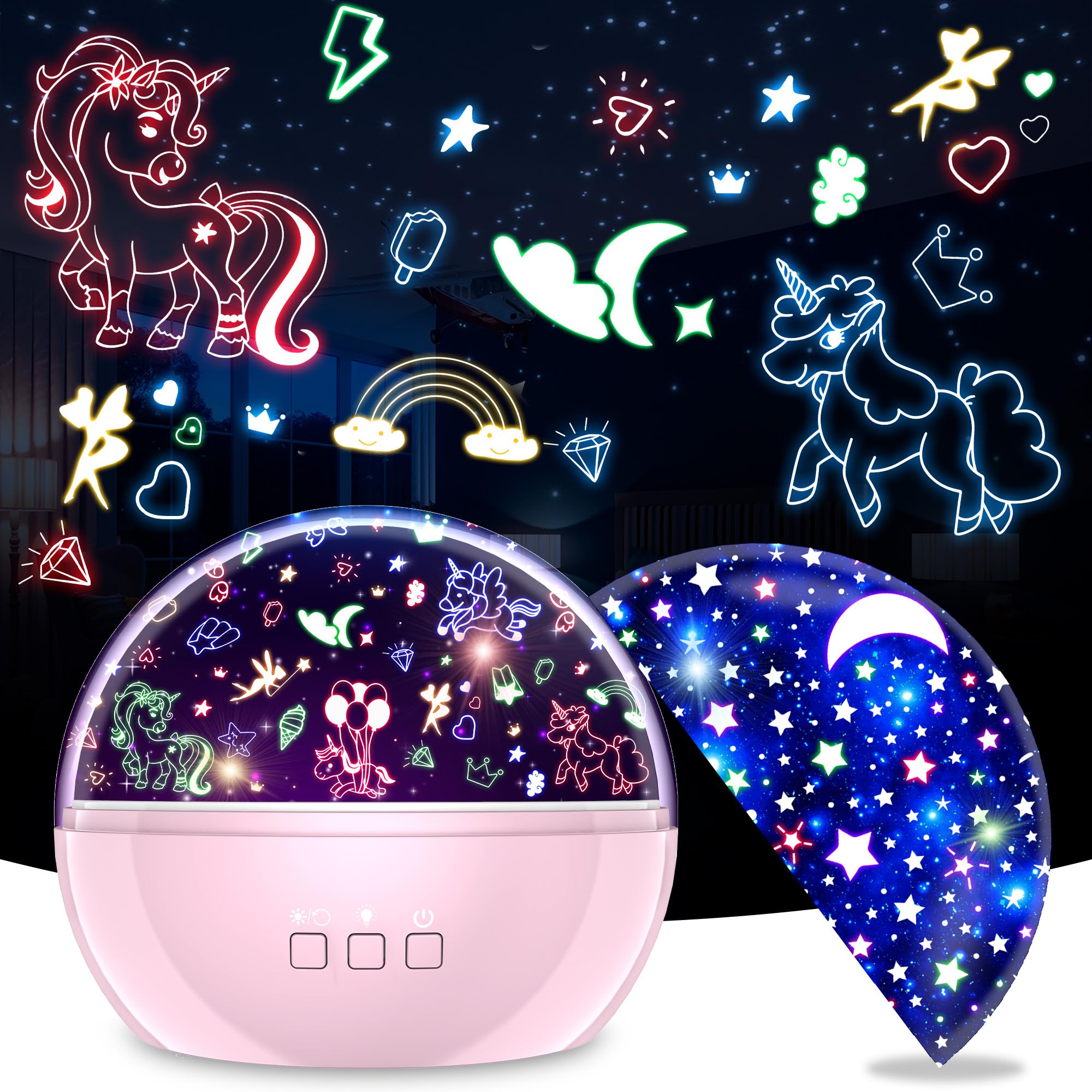 Dcaut Unicorn Projector Night Light For Kids Pink Star Projector For Girls Bedroom Decor, 360 Degree And 16 Colors Mode, Best Toy For 2-12 Year Old Boys Girls Baby Teens(Pink)