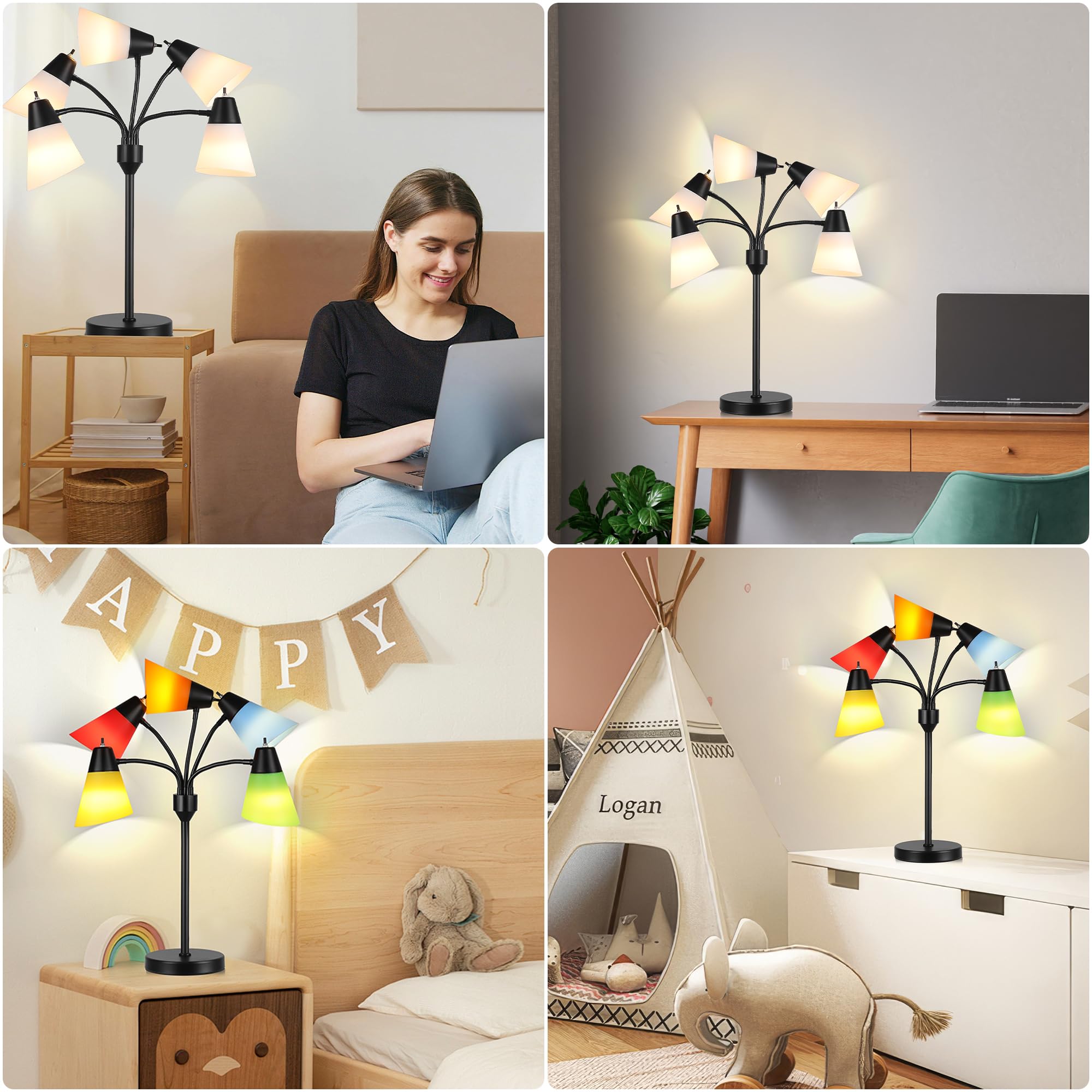 Hamucd Medusa Bedside Table Lamp For Bedroom, Modern Multi Head 5 Shade Lamps, Adjustable Lamp For Night Stands, Led Desk Lamp With Fun Light Multicolored Shades For Livingroom Kids Room, Office