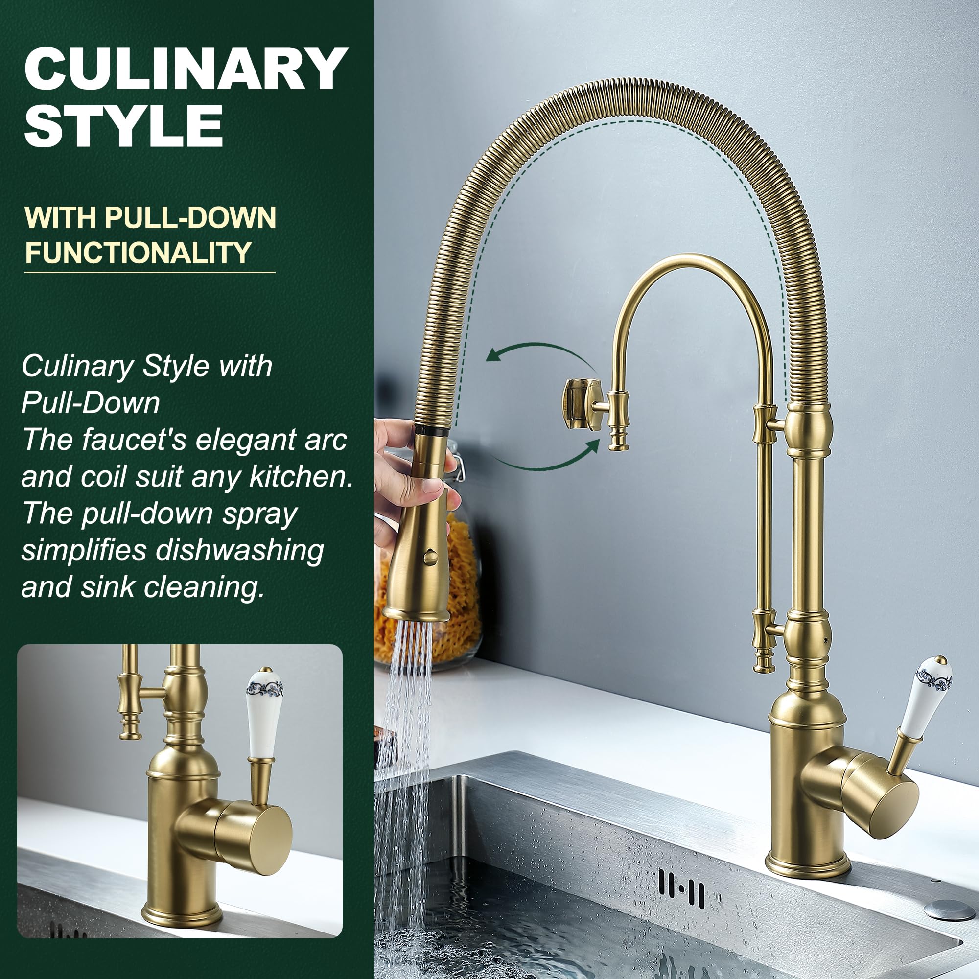 Ialtruistic Antique High Arc Classical Single Handle Spring Kitchen Faucet With Pull Down Sprayer, Swiveling Commercial Kitchen Sink Faucets For Farmhouse, Vintage Sink Faucet, Brushed Gold