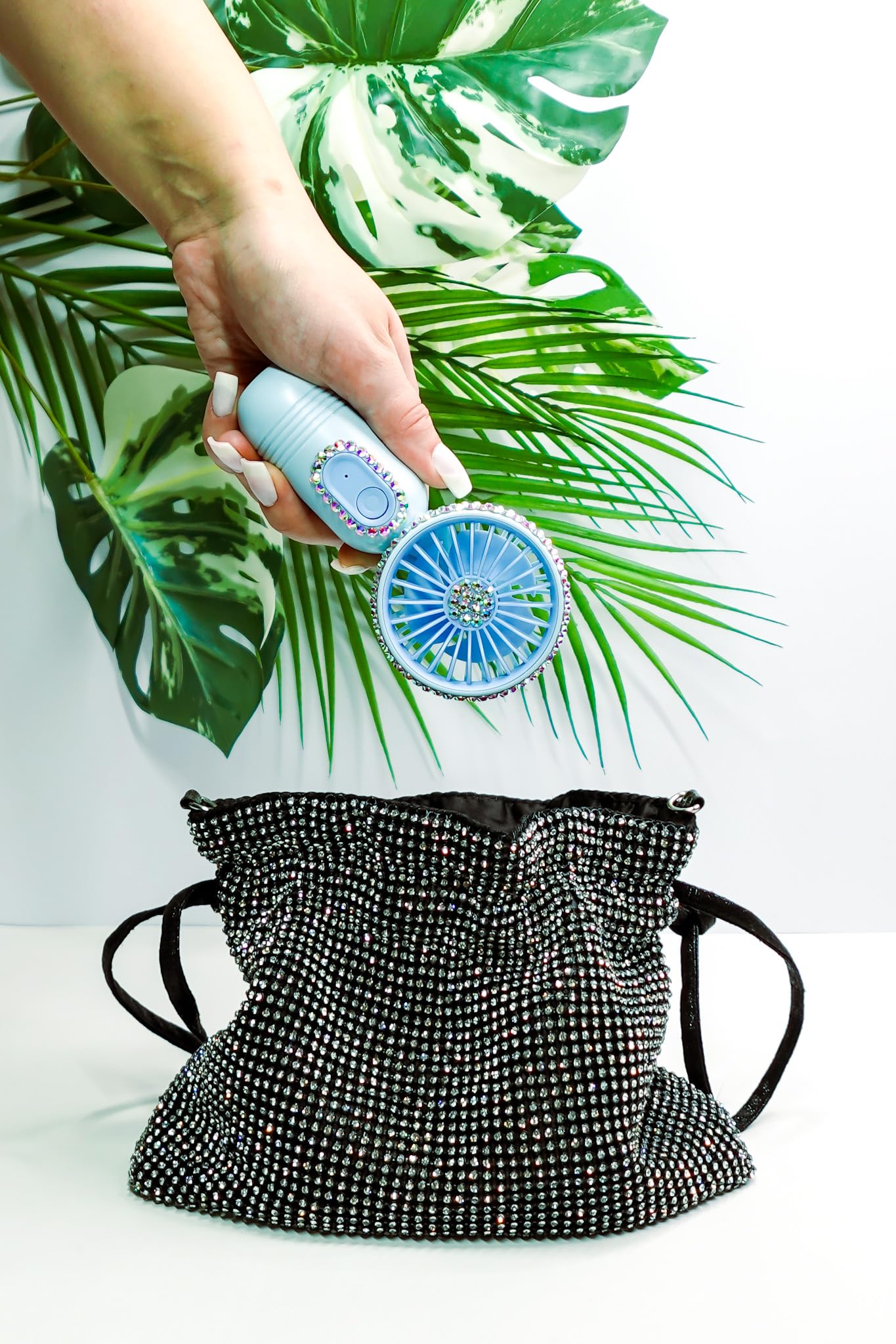 Bling rhinestone mini handheld fan, USB rechargeable, 3-speed settings for portable personal cooling and style