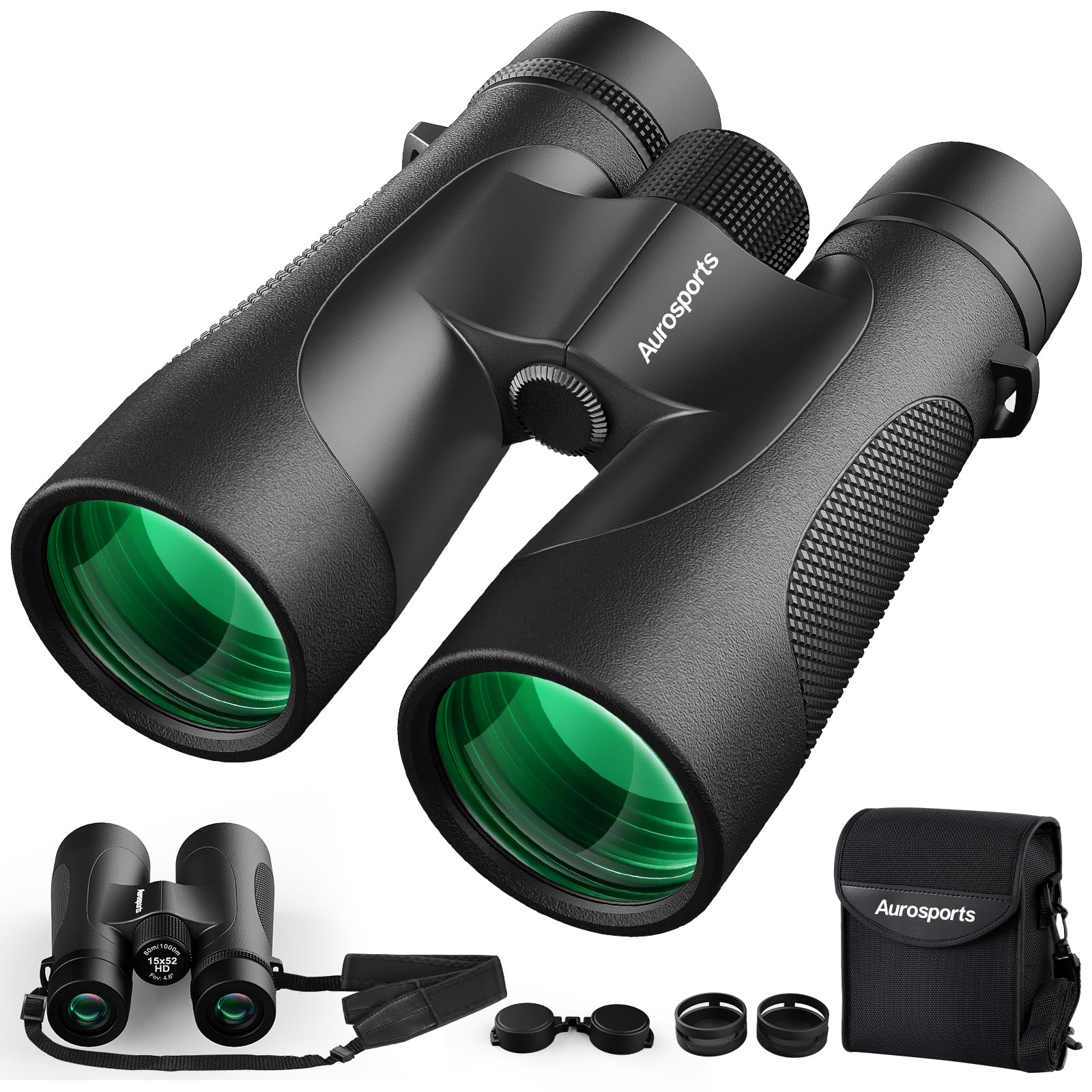 Aurosports 15X52 Binoculars For Adults High Powered: Waterproof Fogproof Shockproof Uhd Binoculars Easy Focus - Large View Travel With Clear Low Light Vision For Bird Watching Hiking Hunting Trip Black